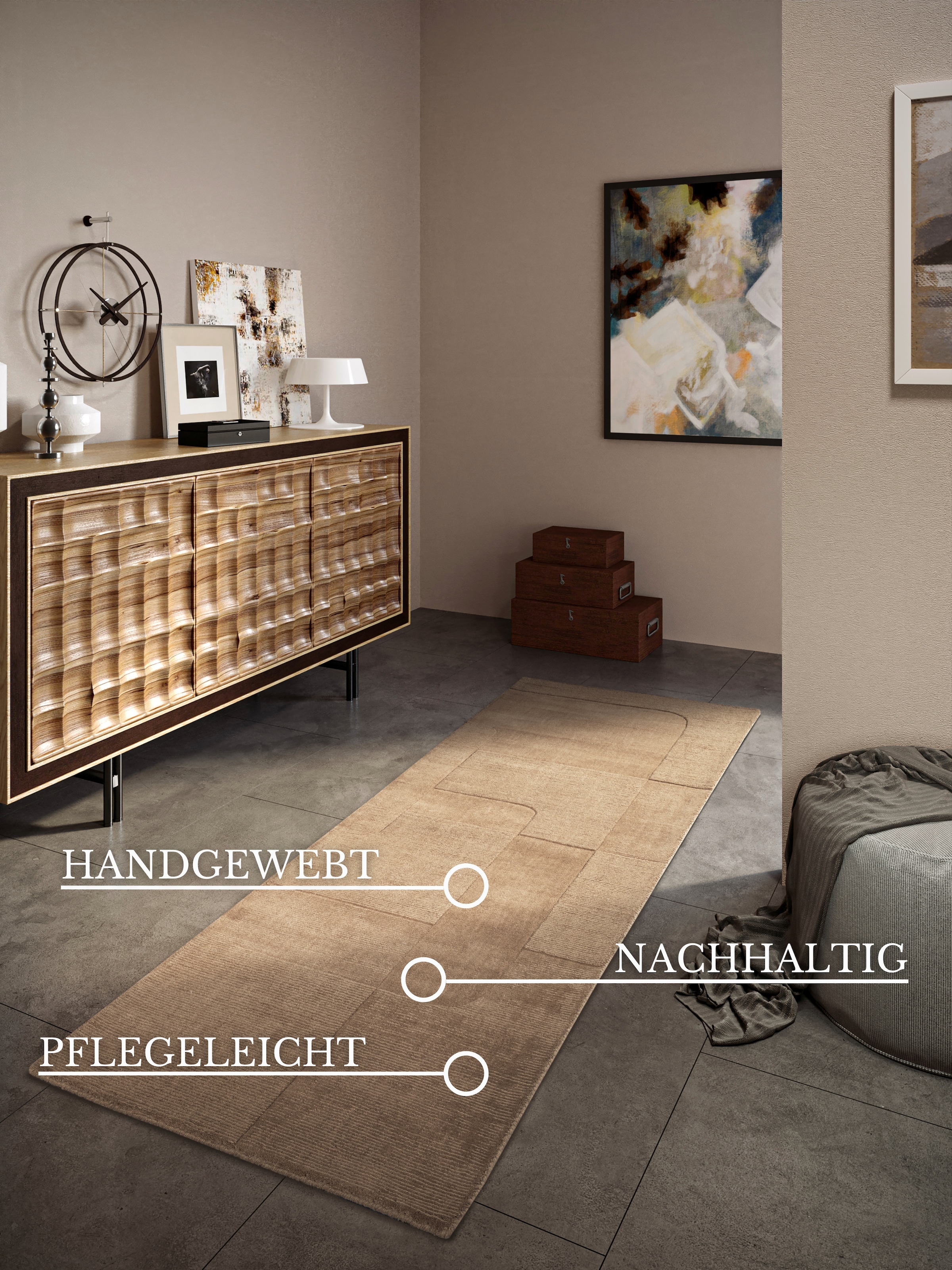 Villeroy & Boch Wollteppich »Charlotte«, rechteckig, 10 mm Höhe, Läufer, Handgewebt, Wolle, Natur, Läufer, Wohnzimmer, Geometrie