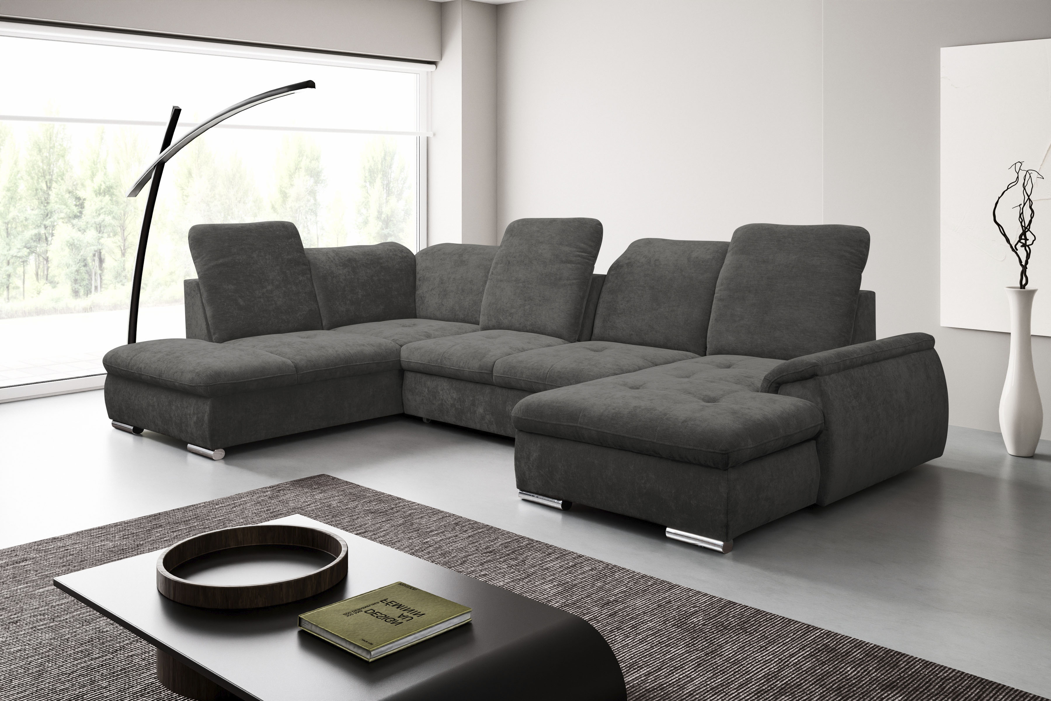 WERK2 Wohnlandschaft "Pula 356 x 237 cm modern und bequem" U-Form, XXL, Schlaffunktion, Bettkasten, verstellbare Kopfteile