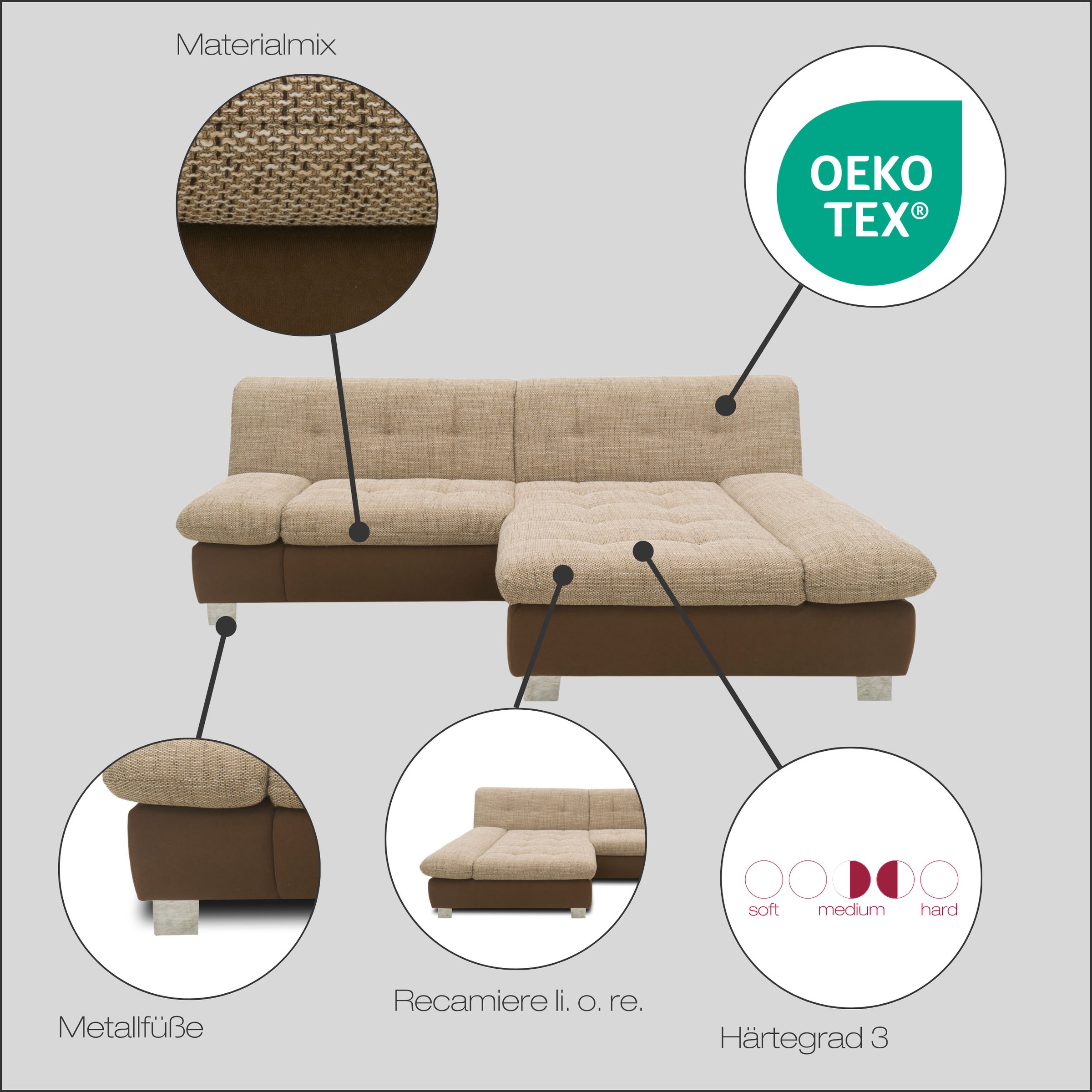 DOMO collection Ecksofa »100031 kompakte Stellmaße, komfortabel und bequem, L-Form«, wahlweise mit Bettfunktion und Armteilverstellung. Breite 234cm