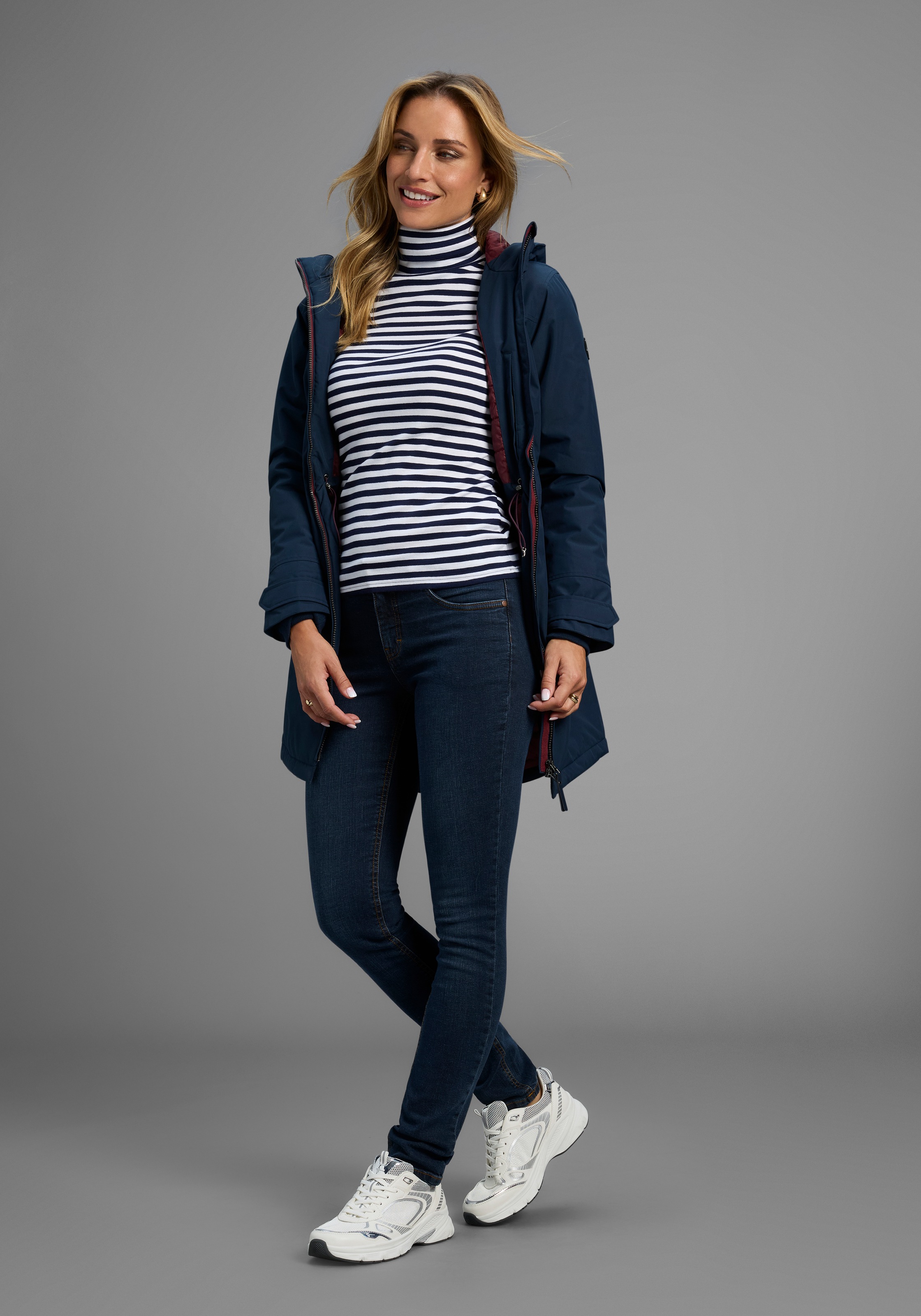 Slim-fit-Jeans ARIZONA "Bund mit seitlichem Gummizugeinsatz", Damen, Gr. 52, N-Gr, blau (dunkelblau us), Denim/Jeans, Obermaterial: 98% Baumwolle, 2% Elasthan, Basic, slim fit lang, Jeans Slim-fit-Jeans, schmale Passform, Röhrenjeans, Used-Waschung, hohe  3
