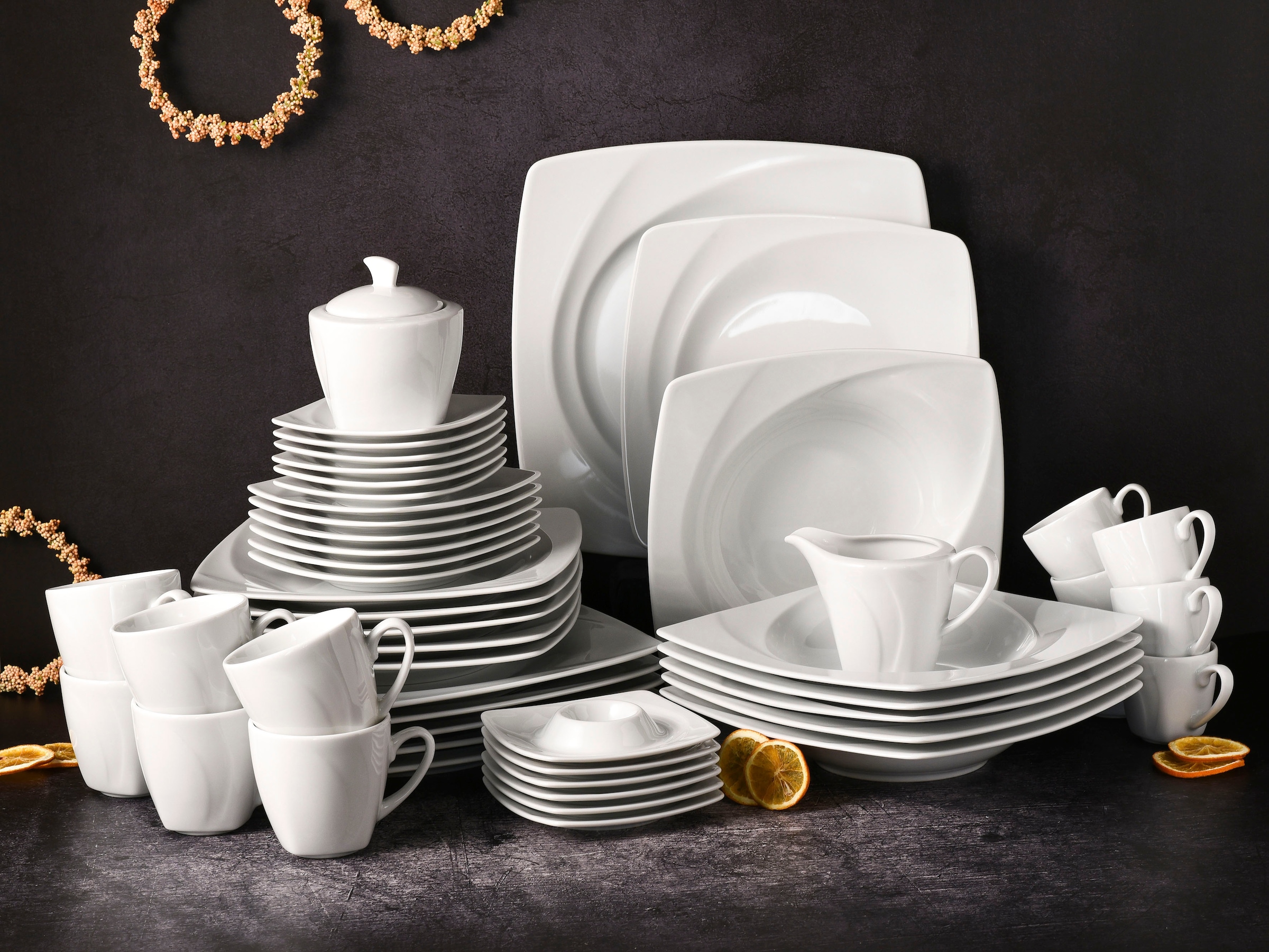 CreaTable Kombiservice »Geschirr-Set Celebration«, (50 tlg., Kaffeeservice und Tafelservice im Set, für 6 Personen), Service, weiß, außergewöhnliche Geometrie, 50 Teile, für 6 Personen