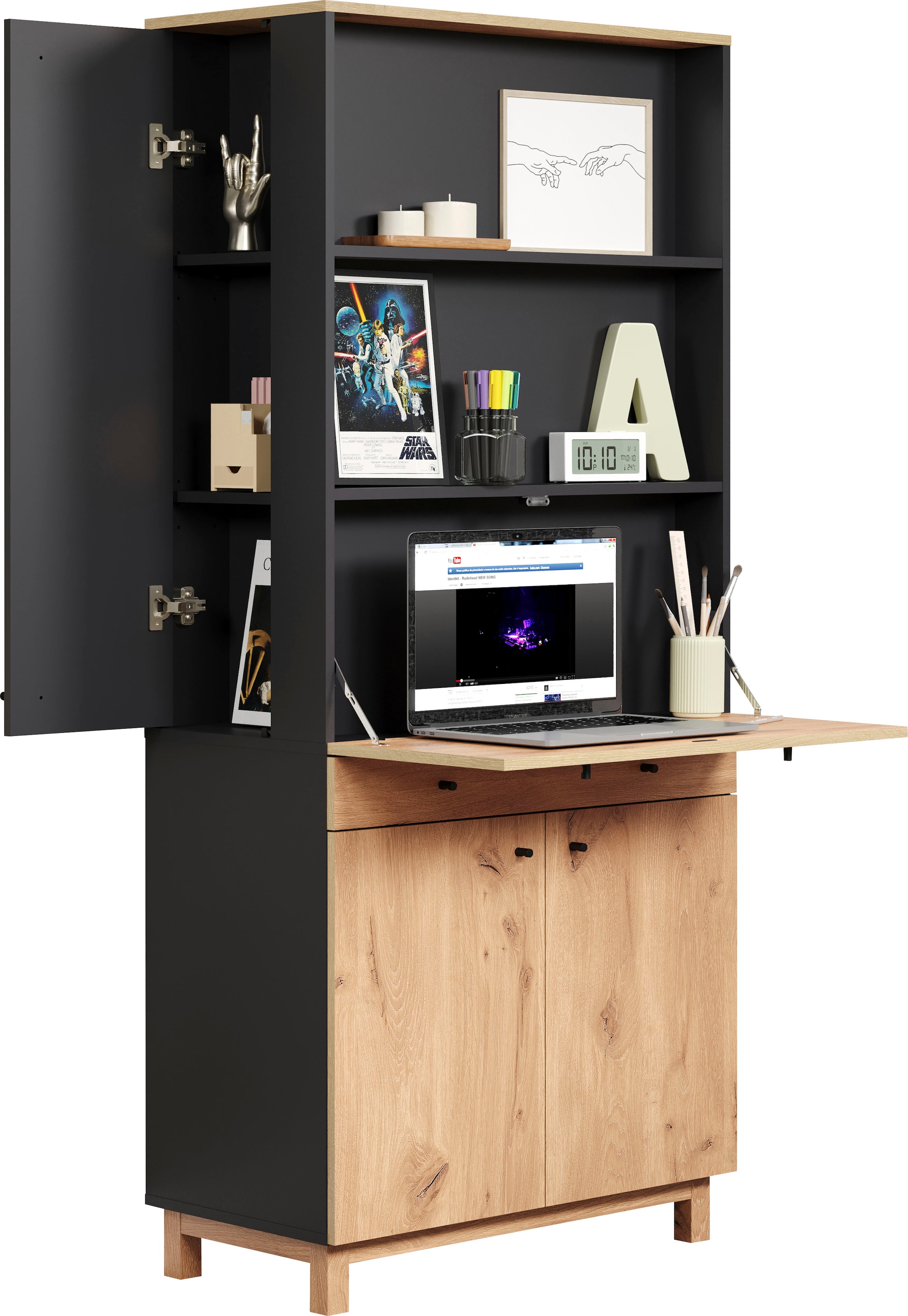 andas Computerschrank »Skive«, (1 St.), Das kleine Büro im Schrank, 76 cm breit, Sekretär, Navi Blau / Eiche