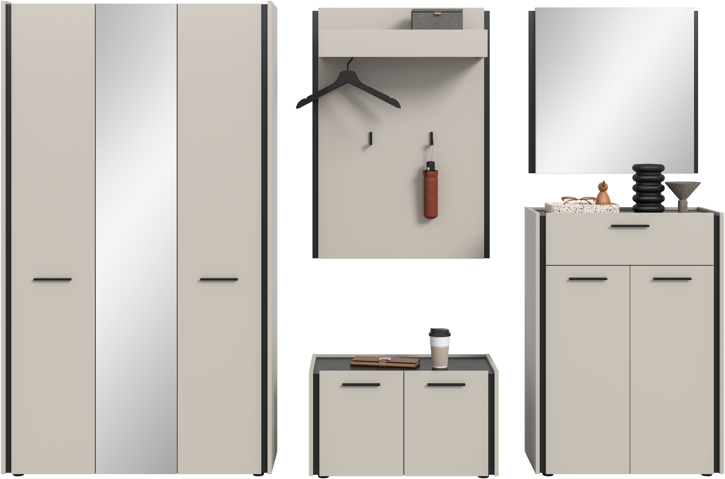 Home affaire Garderoben-Set »RAK, 5-teilige Garderoben-Kombination, Breite ca. 287 cm« Garderobenschrank, Sitzbank, Garderobenpaneel, Schuhkommode, Spiegel, 5 Stk. tlg.