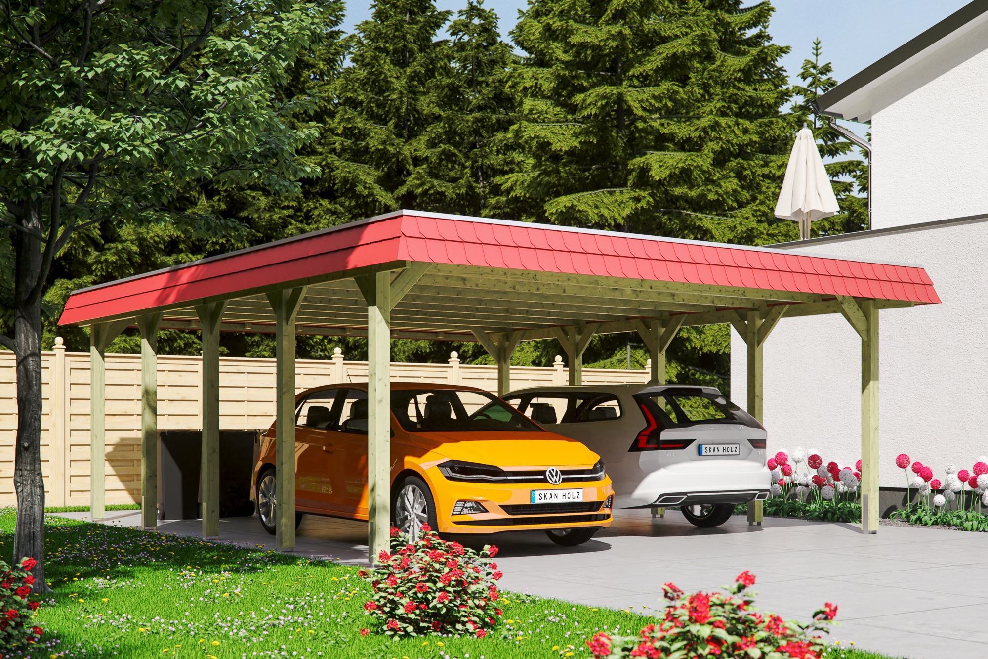 Skanholz Doppelcarport »Spreewald«, Nadelholz, 530 cm, Grün, mit EPDM-Dach, rote Blende
