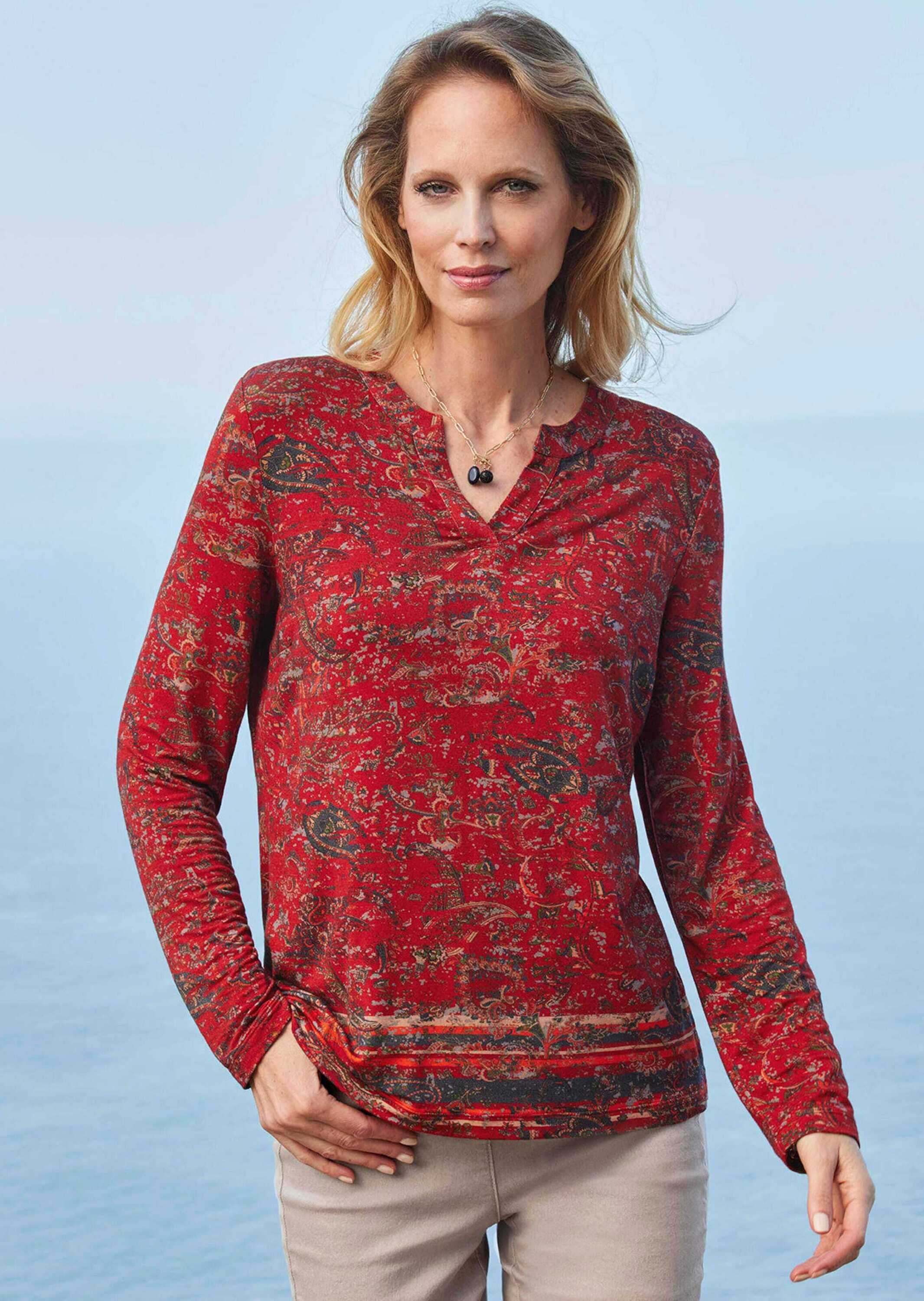 Print-Shirt GOLDNER "Elegantes Blusenshirt, Paisley-Design", Damen, Gr. 42, rot (cayenne, gemustert), Obermaterial: 95% Viskose CV. 5% Elasthan EL., figurumspielend, Gerade, Shirts, keine/nicht relevant 3