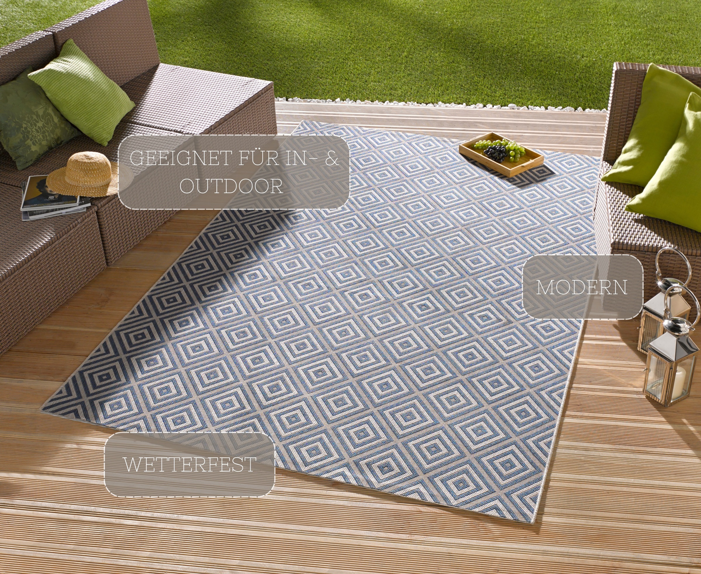 NORTHRUGS Teppich »Karo«, rechteckig, 8 mm Höhe, In- & Outdoor, Läufer, Wetterfest, Raute, Balkon, Garten, Flur