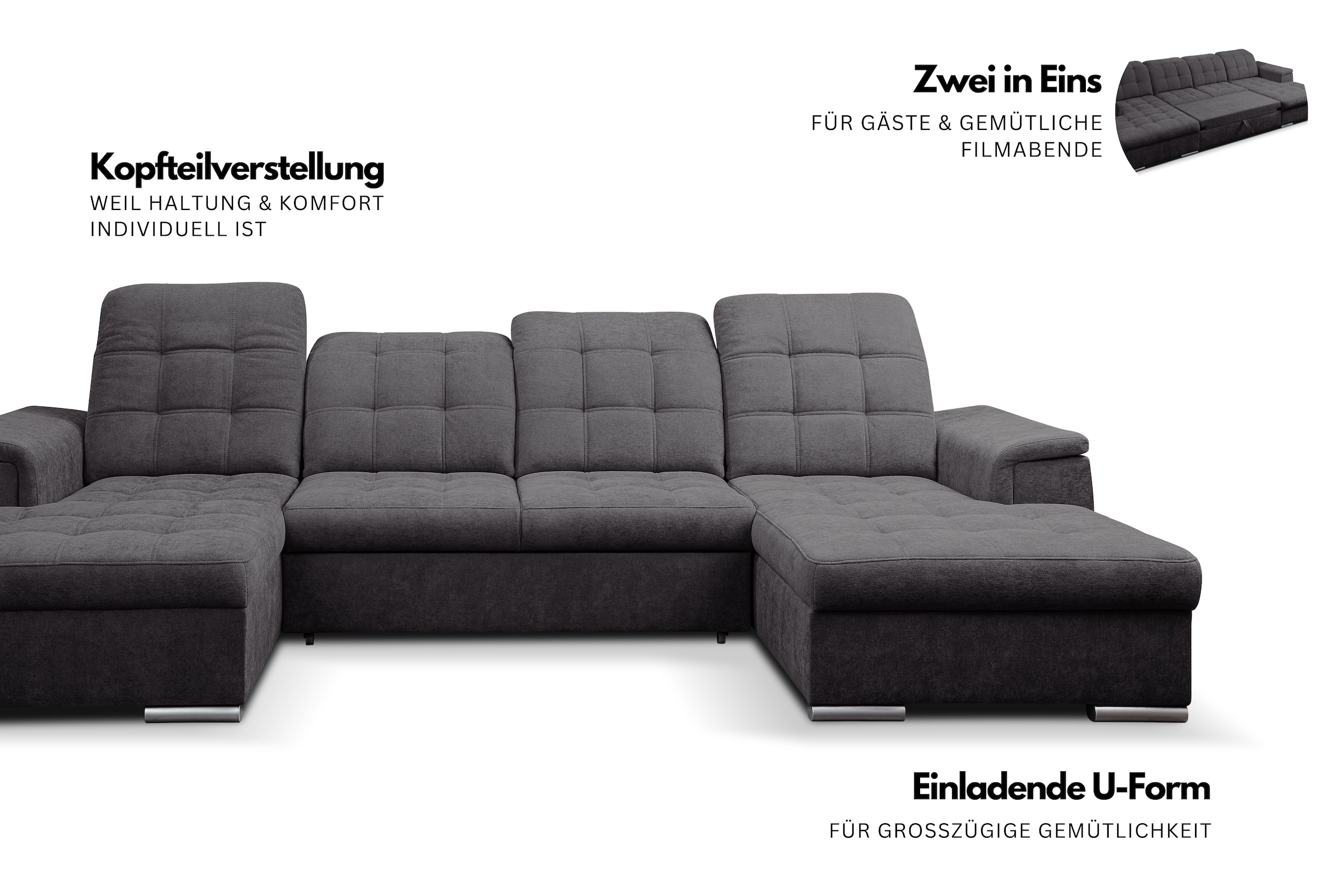 WERK2 Wohnlandschaft »Napoli zeitlos, elegant, bequem, Breite 330cm, U-Form« verstellbare Kopfteile, mit Schlaffunktion und Bettkasten