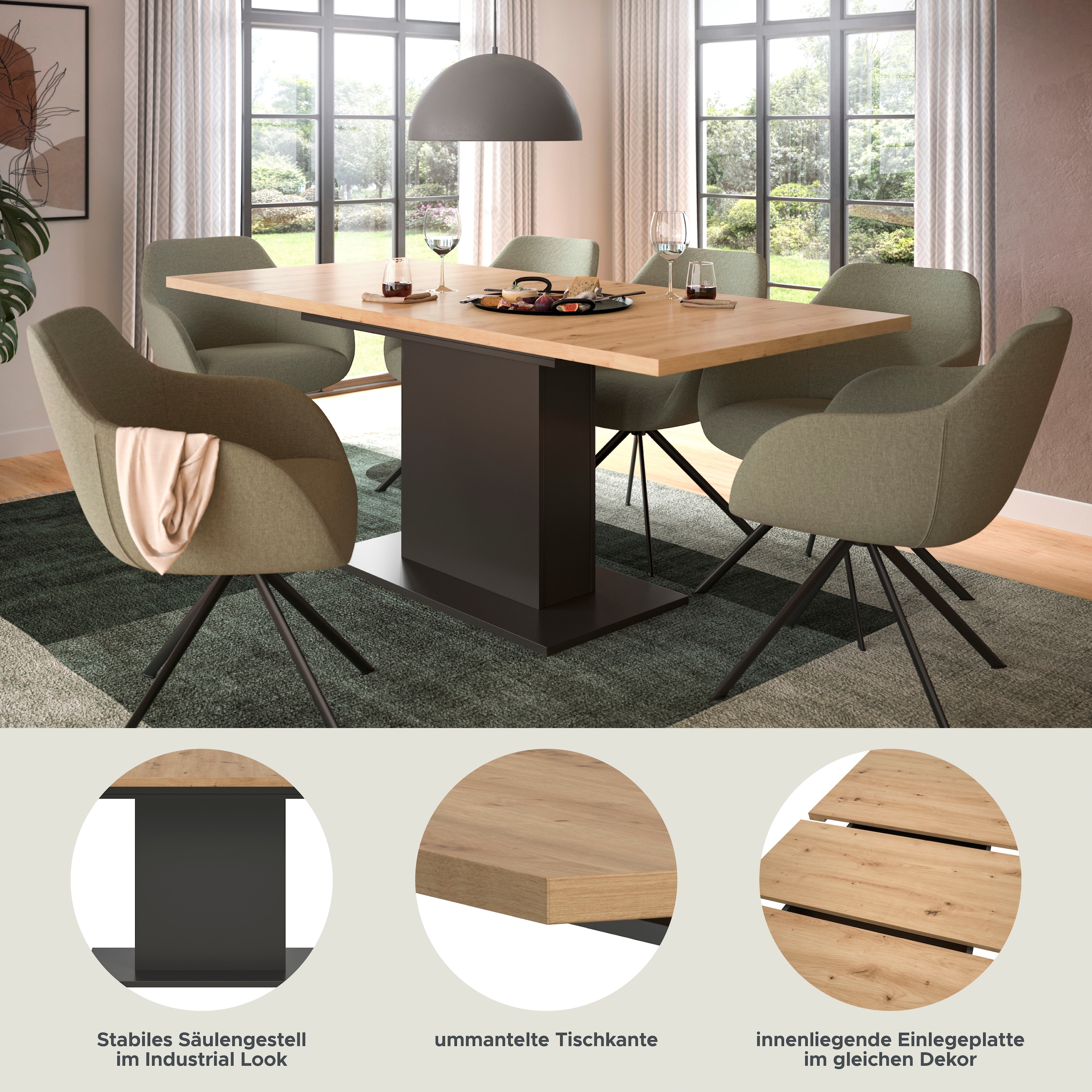 INOSIGN Esstisch »Motus, ausziehbar 150 -190 cm, inklusive 40 cm Einlegeplatte«, (Set, 1 St.), Säulengestell mit Bodenplatte, Tisch, Küchentisch, Esszimmer, Küche