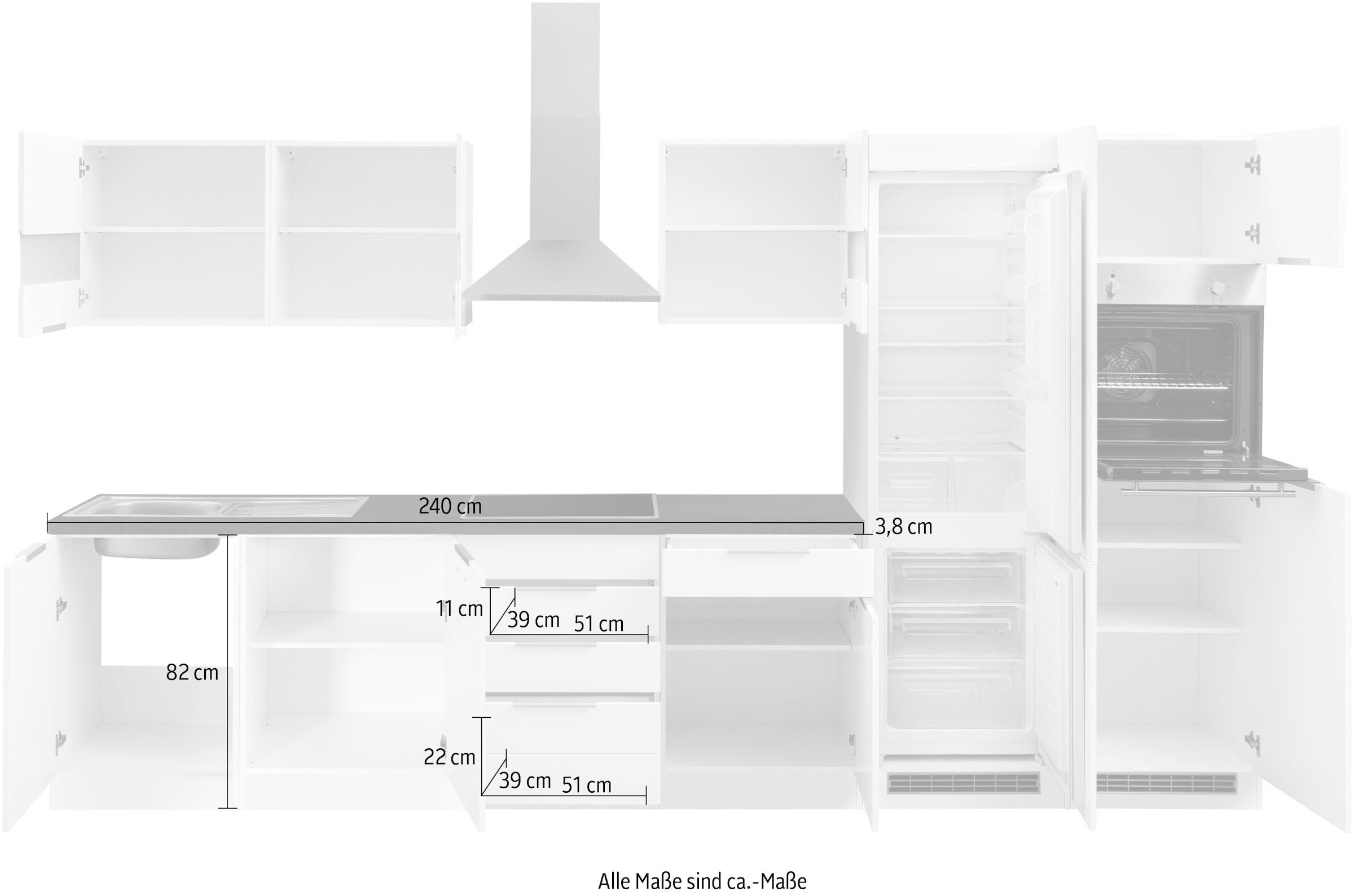 HELD MÖBEL Küche »Luhe«, 360 cm breit, wahlweise mit oder ohne E-Geräten,  gefräste MDF-Fronten bestellen | BAUR