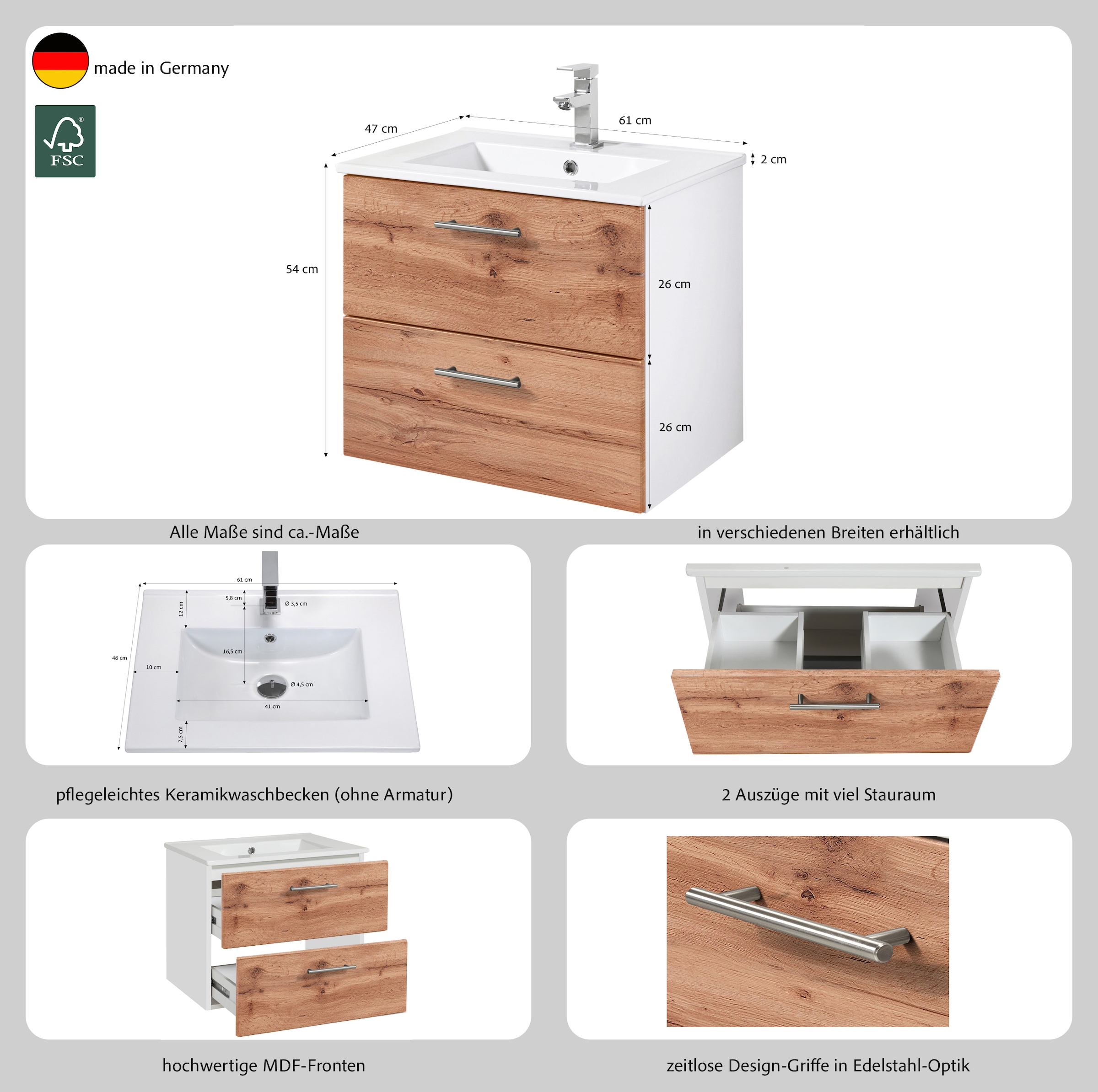welltime Waschtisch »Trento in verschiedenen Ausführungen inkl. Waschbecken«, Badmöbel in Breite 60 cm, Badschrank Waschplatz mit 2 Schubladen