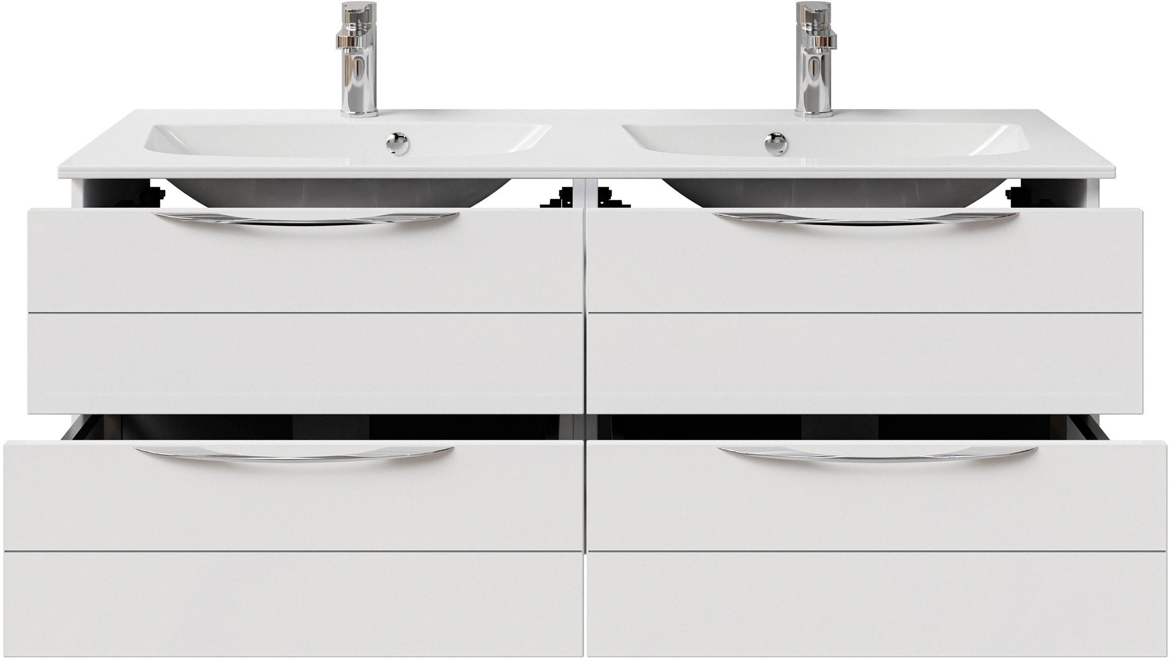Saphir Badmöbel-Set »Serie 6025 2-teilig Mineralmarmor-Waschtisch mit LED-Spiegelschrank«, (2 St.), Waschplatz 132cm breit, 4 Schubladen, 2 Spiegel-Türen, inkl Türdämpfer