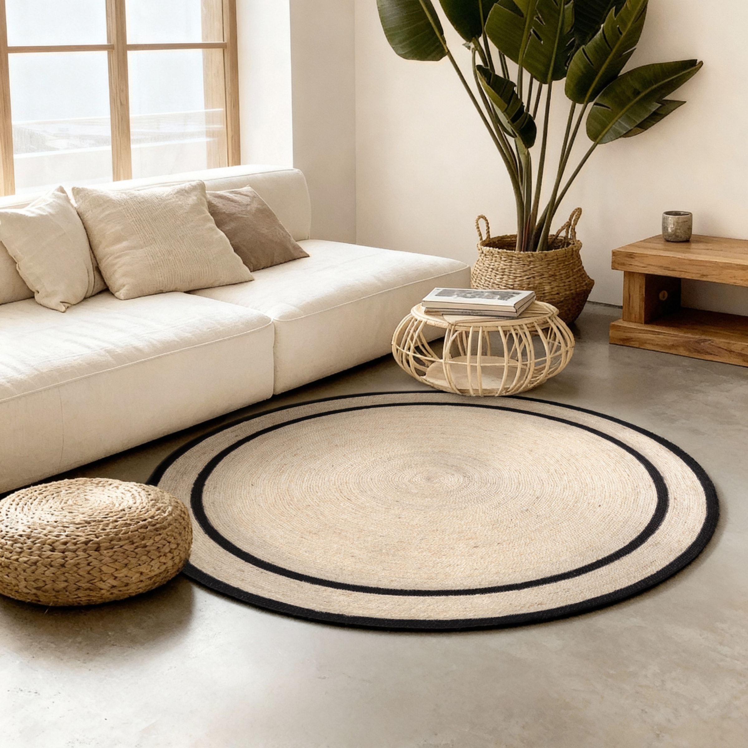 Teppich HANSE HOME, H:7mm Ø:200cmnatur, elfenbein, schwarz, Jute, Wohnzimmer, Teppiche, "Lina", Jute, Handgemacht, Rund, Wohnzimmerteppich,