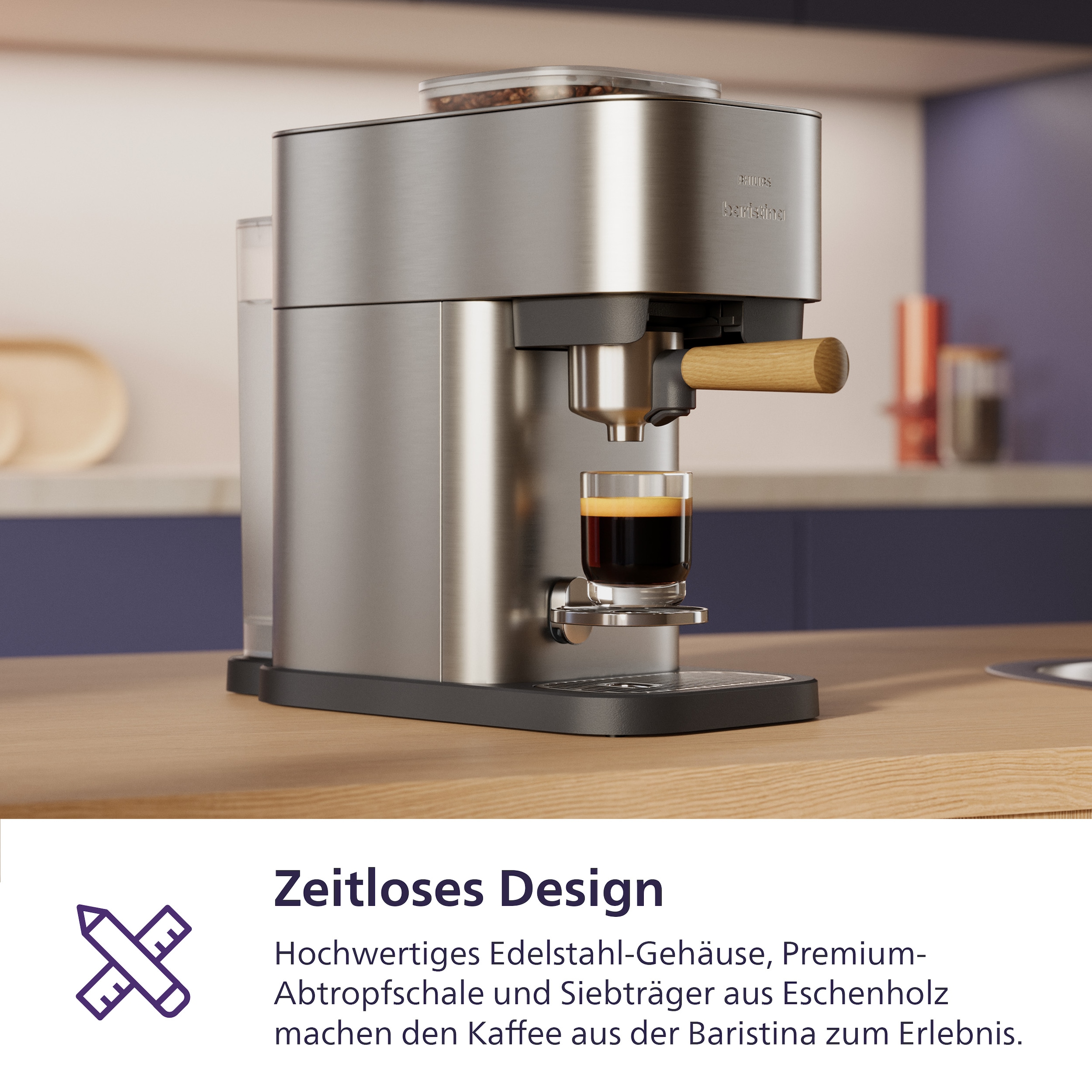 PHILIPS baristina Espressomaschine »Plus in Edelstahl BAR500/00 mit Mahlwerk für ganze Bohnen« Iced Coffee Funktion, 16 bar Pumpendruck, Edelstahl/Eschenholz