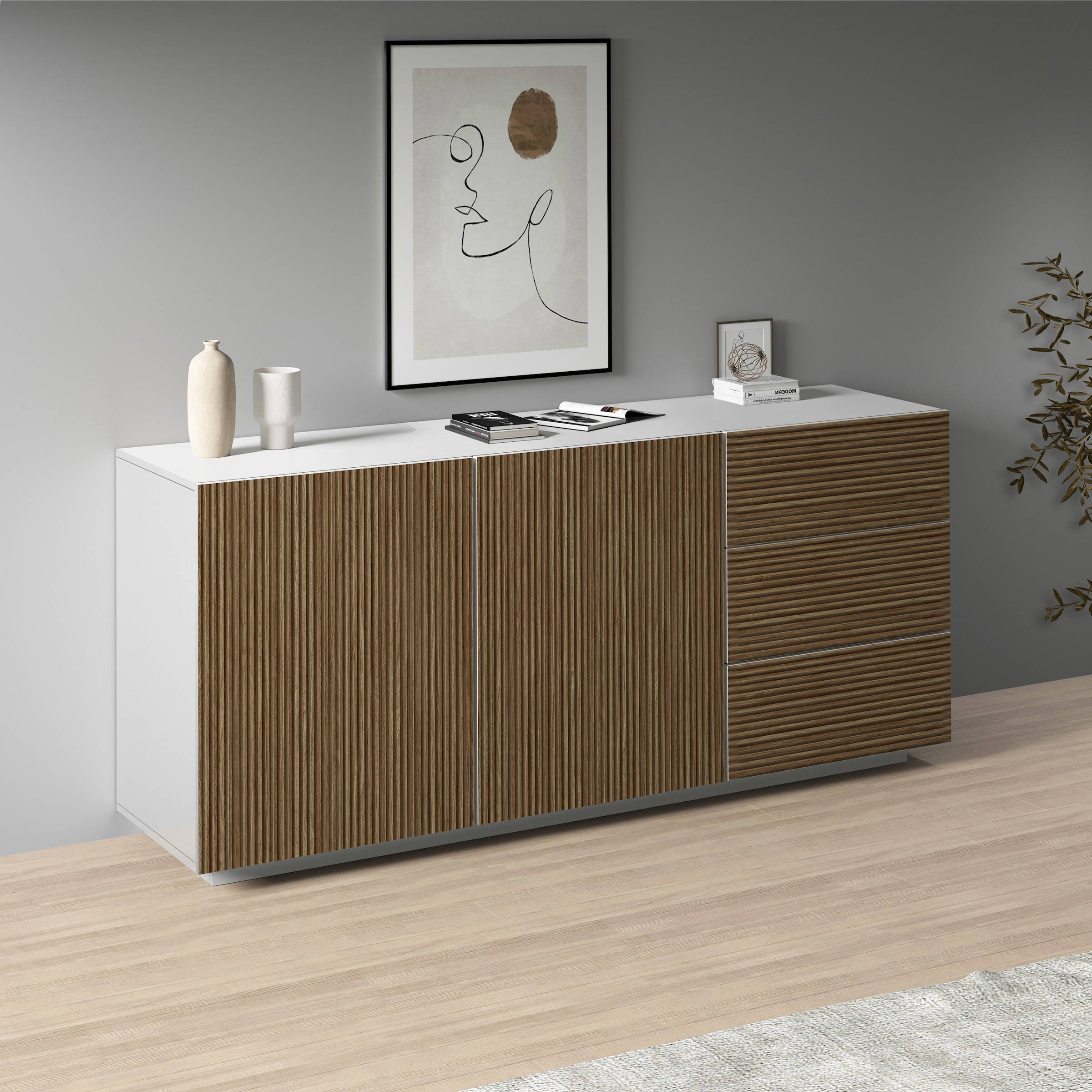 INOSIGN Sideboard "Vega Sideboard,Kommode,180 cm", mit 2 Türen und 3 Schubladen,Fronten mit Rillen-Optik