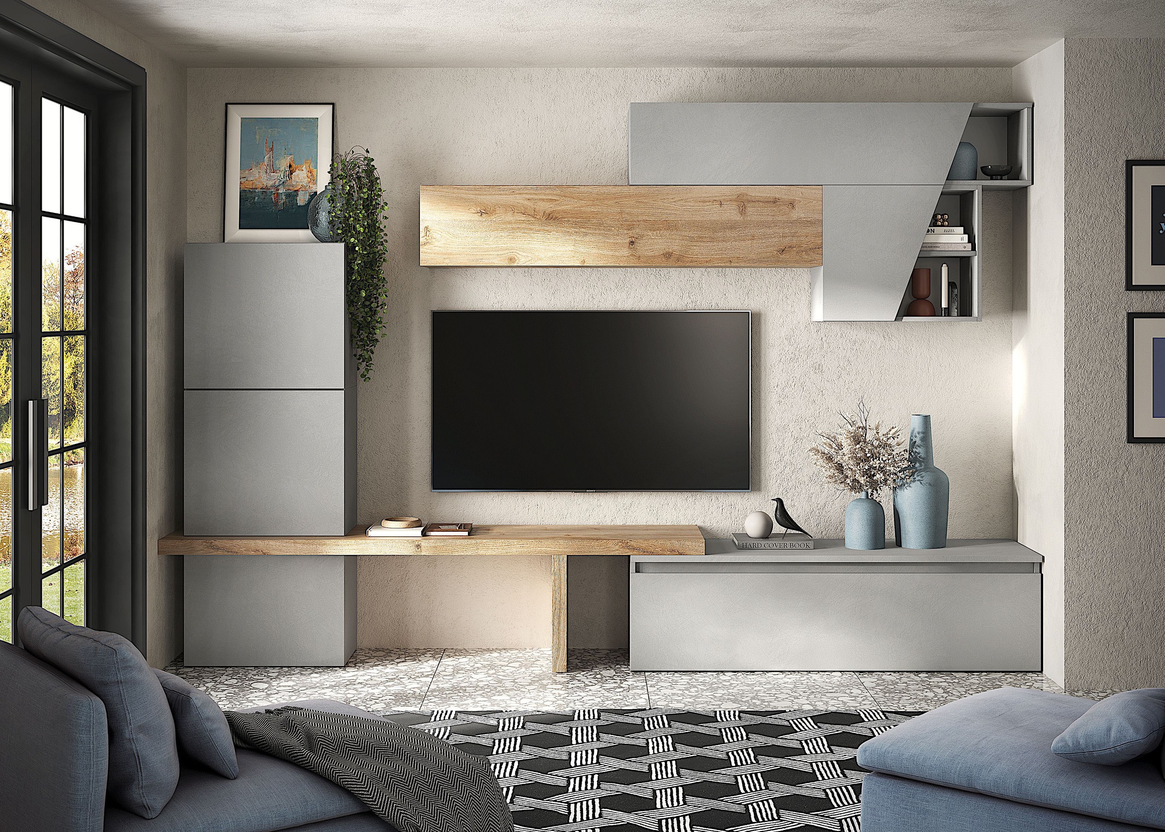 INOSIGN Wohnwand »INFINITY, 8tlg. Breite 305 cm, moderne Mediawand (Lowboard,«, (8 St.), T-Boden, 3x Hängewürfel, Würfel-Element, 2x Hängeschrank)