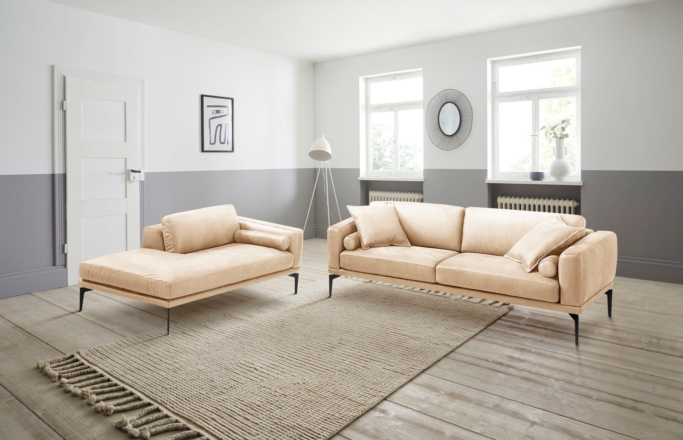 Egoitaliano Polstergarnitur "Masu, Design trifft sensationellen Sitzkomfort" Set besteht aus 2,5-Sitzer, freistehende Ottomane und 3 Rollkissen