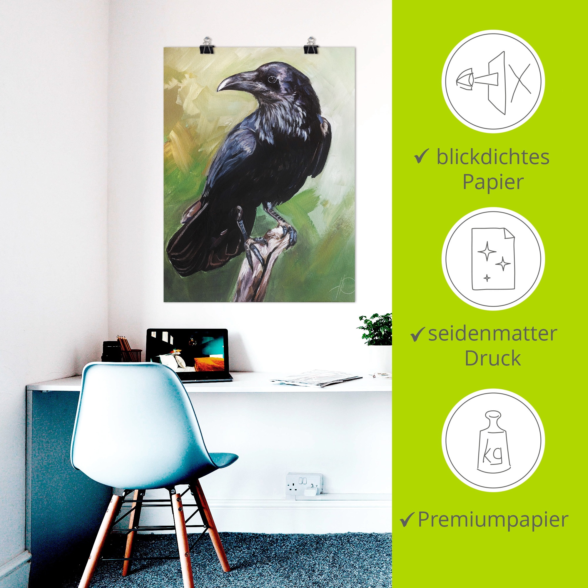 Artland Wandbild »Der Rabe in Grün« Vogelbilder 1 Stk. tlg. als Alubild, Leinwandbild, Poster, Wandaufkleber in verschied. Größen