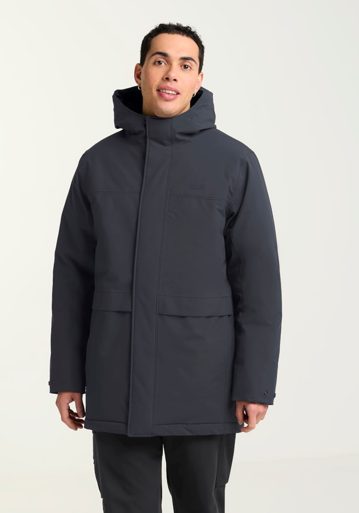 Jack Wolfskin Wintermantel "COLD CAMP COAT M" mit Kapuze, lang, aus Polyester, wasserdicht, winddicht, atmungsaktiv