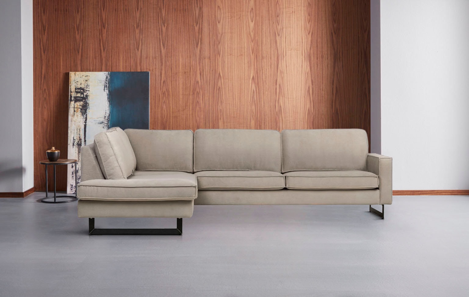 Home affaire Ecksofa »Pinto, 290 cm, Cord, Chenille, Lederoptik, Ottomane links / rechts« mit Keder, schwarze Metallfüße, Wellenunterfederung