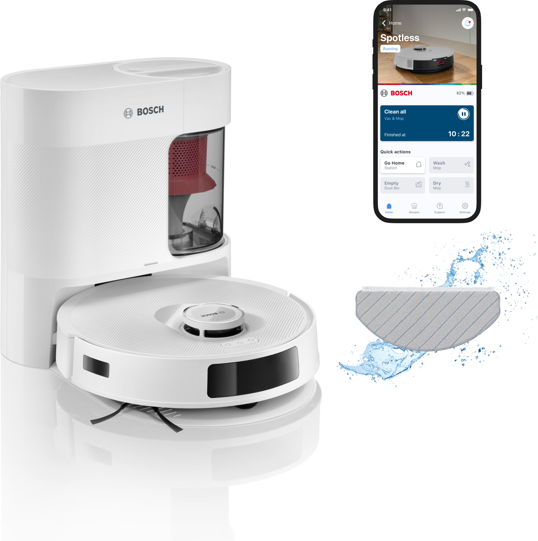 BOSCH Saugroboter "Spotless BCRD1W, Saugroboter mit Wischfunktion, 11.000 Pa Saugkraft" Trocken-Servicestation, Infrarot Navigation, Carbon Bürste