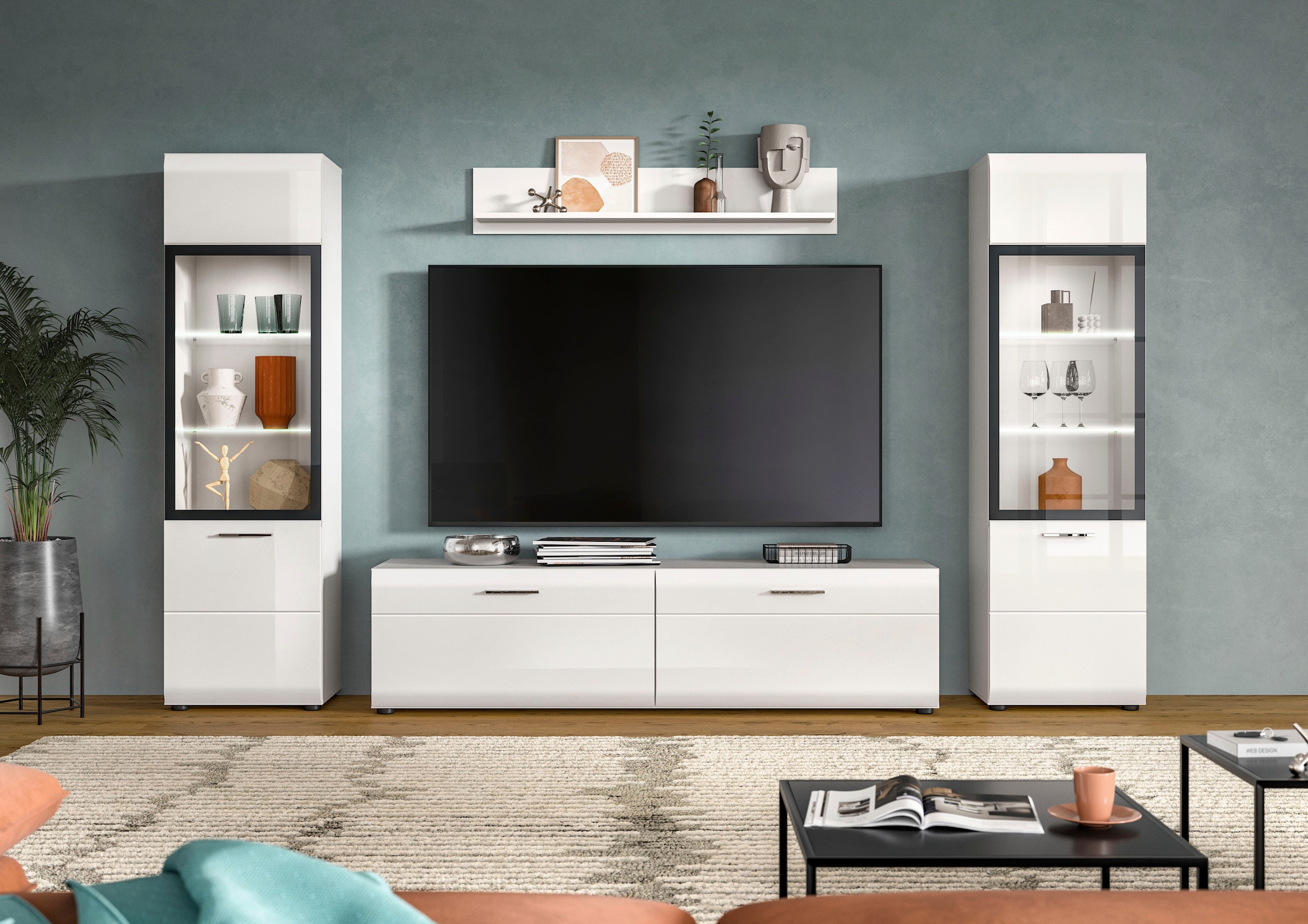 INOSIGN Wohnwand »FLORENZ, 4-teilige Wohn-Kombination, hochwertige MDF-Front« Set, Set, best. aus: 2 Vitrinen, 1 Lowboard, 1 Wandboard, 4 Stk. tlg.