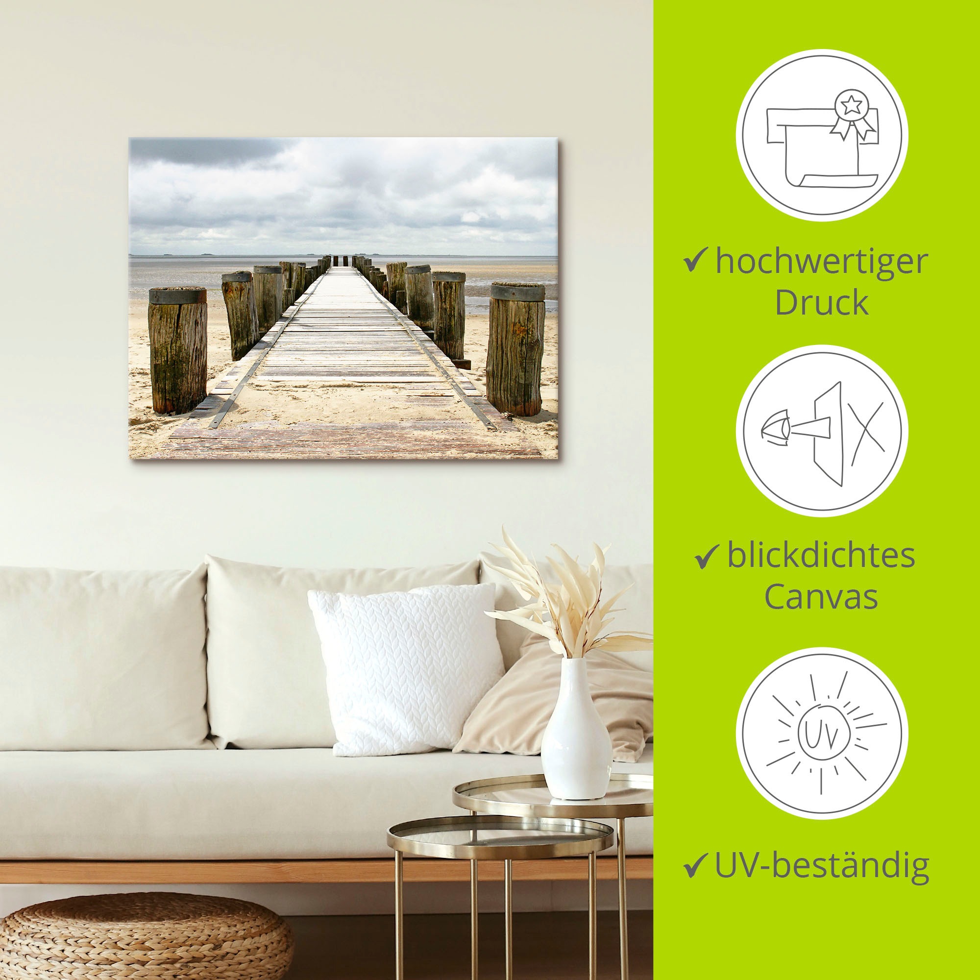 Artland Wandbild »Steg ins Watt«, Strand, (1 St.), als Alubild, Outdoorbild, Leinwandbild, Poster in verschied. Größen