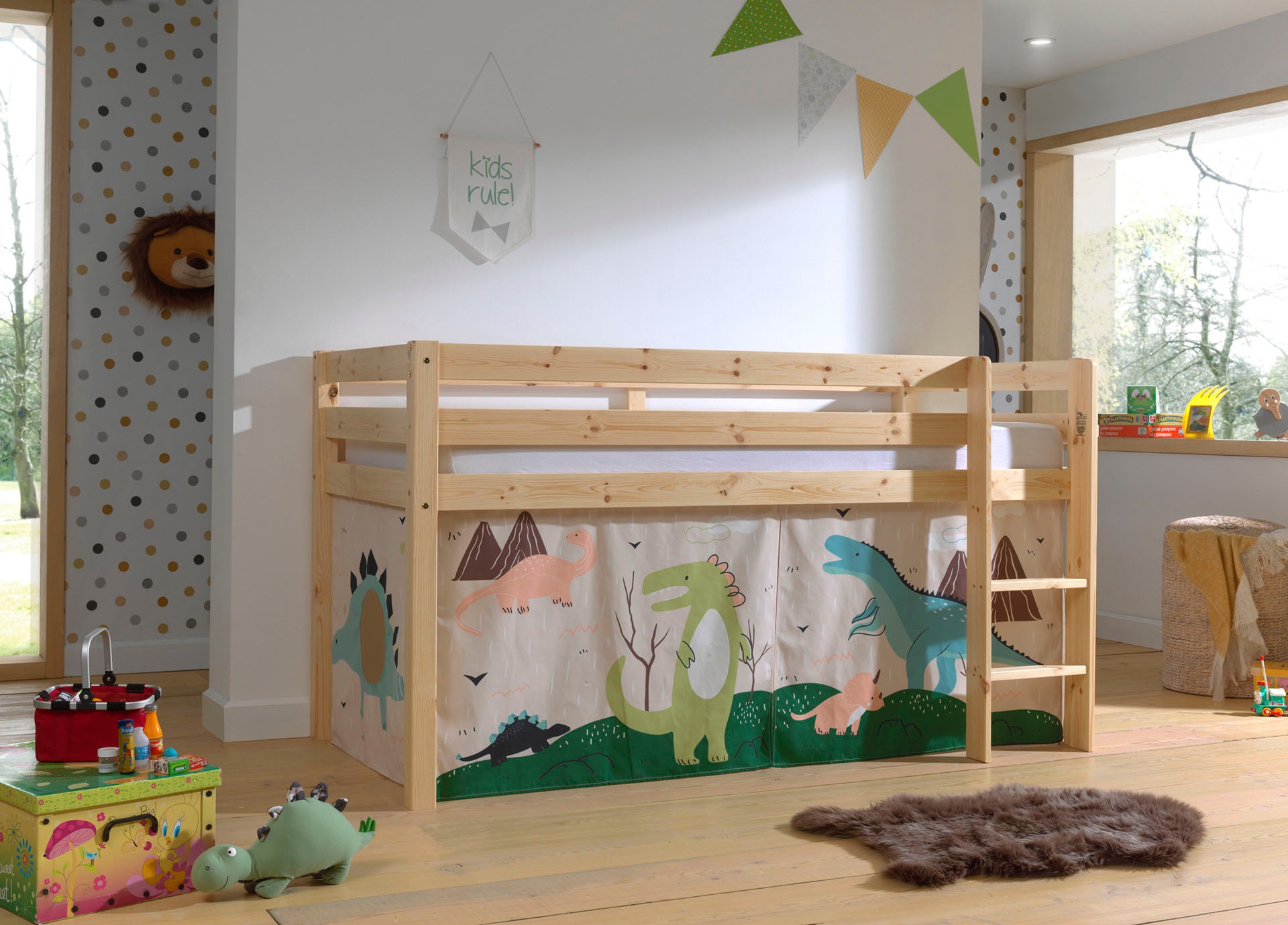 Vipack Spielbett »Vipack Pino«, (Made in Europe), mit Textil-Set, inkl. Rolllattenrost, in Natur, Weiß oder Grau
