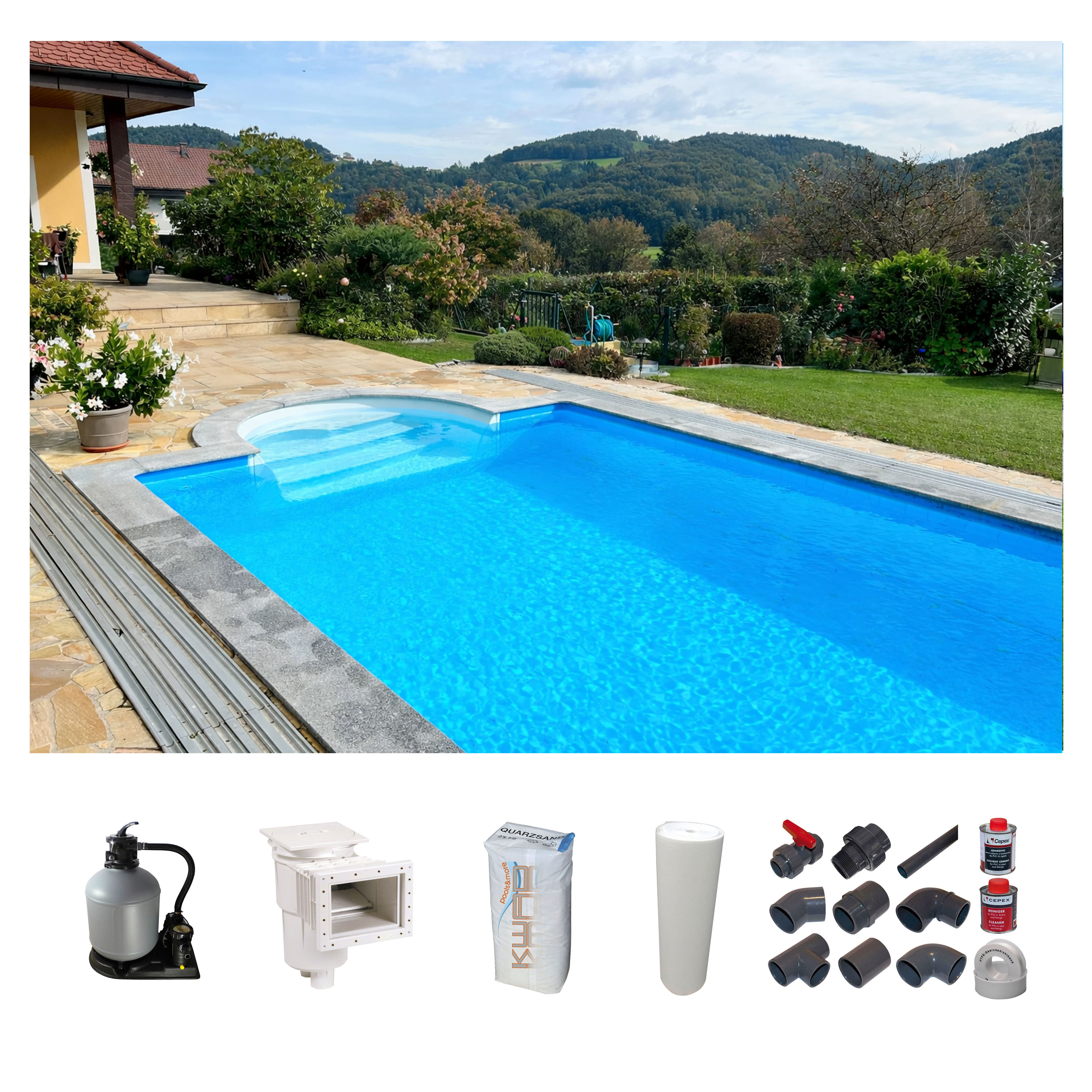 KWAD Rechteckpool "mit Römertreppe" 8x4, 7x3,5 oder 6x3m Höhe: 1,50m, mit Foliensack 0,6mm