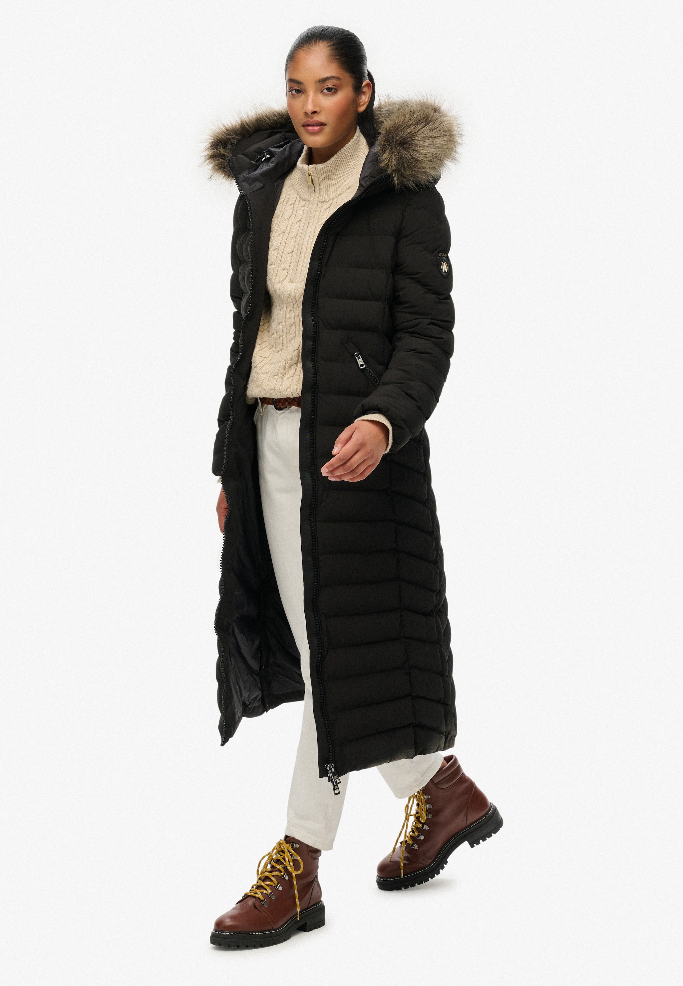 Superdry Steppjacke »FUJI FAUX FUR HOODED LONGLINE«, mit Kapuze