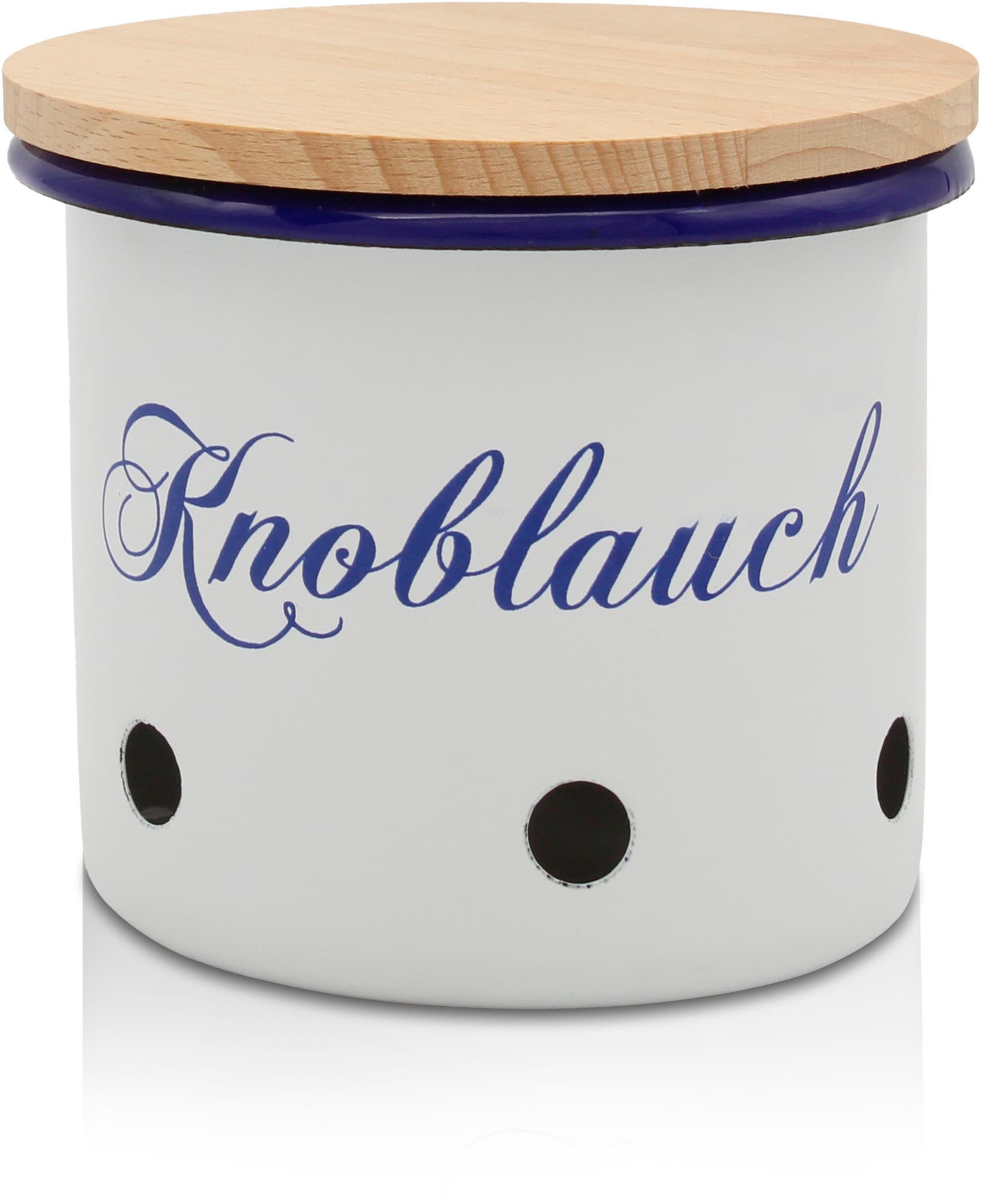 Krüger Vorratsdose "Emaille Vorratsdose Husum für Knoblauch mit Holzdeckel, 10 cm" schnitt-/kratzfeste Oberfläche, Bakterienabweisend, extrem langlebig