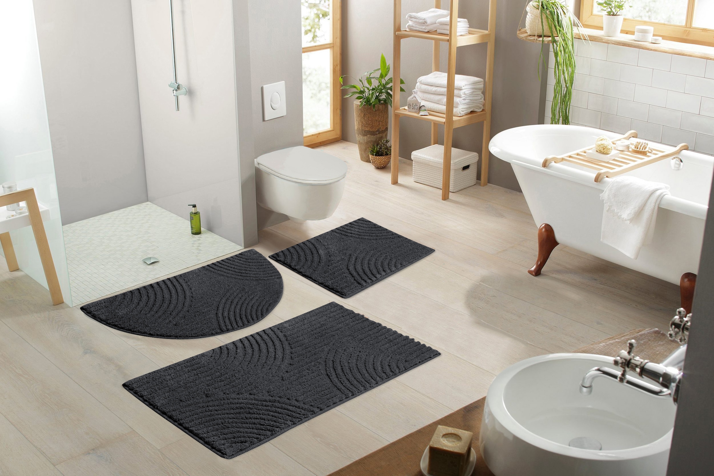 my home Badematte »Ognon, Scandi, Boho, modernes Muster«, rutschhemmend beschichtet, fußbodenheizungsgeeignet-schnell trocknend-strapazierfähig, Badteppich, Uni Farben, Hoch-Tief-Effekt