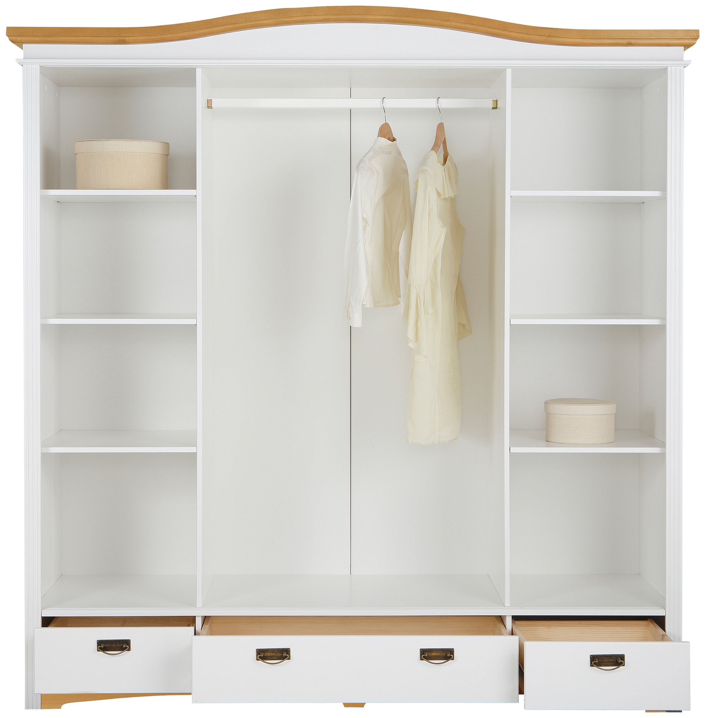 Home affaire Schiebetürenschrank »Konrad, Landhausstil, rustikal, mit Schubladen + Spiegel, Kassetten«, (3 Breiten: 153/202/249 cm H/T ca.207/64 cm), massive Kiefer, FSC®-zertifiziert, Messinggriffe, mehrere Varianten