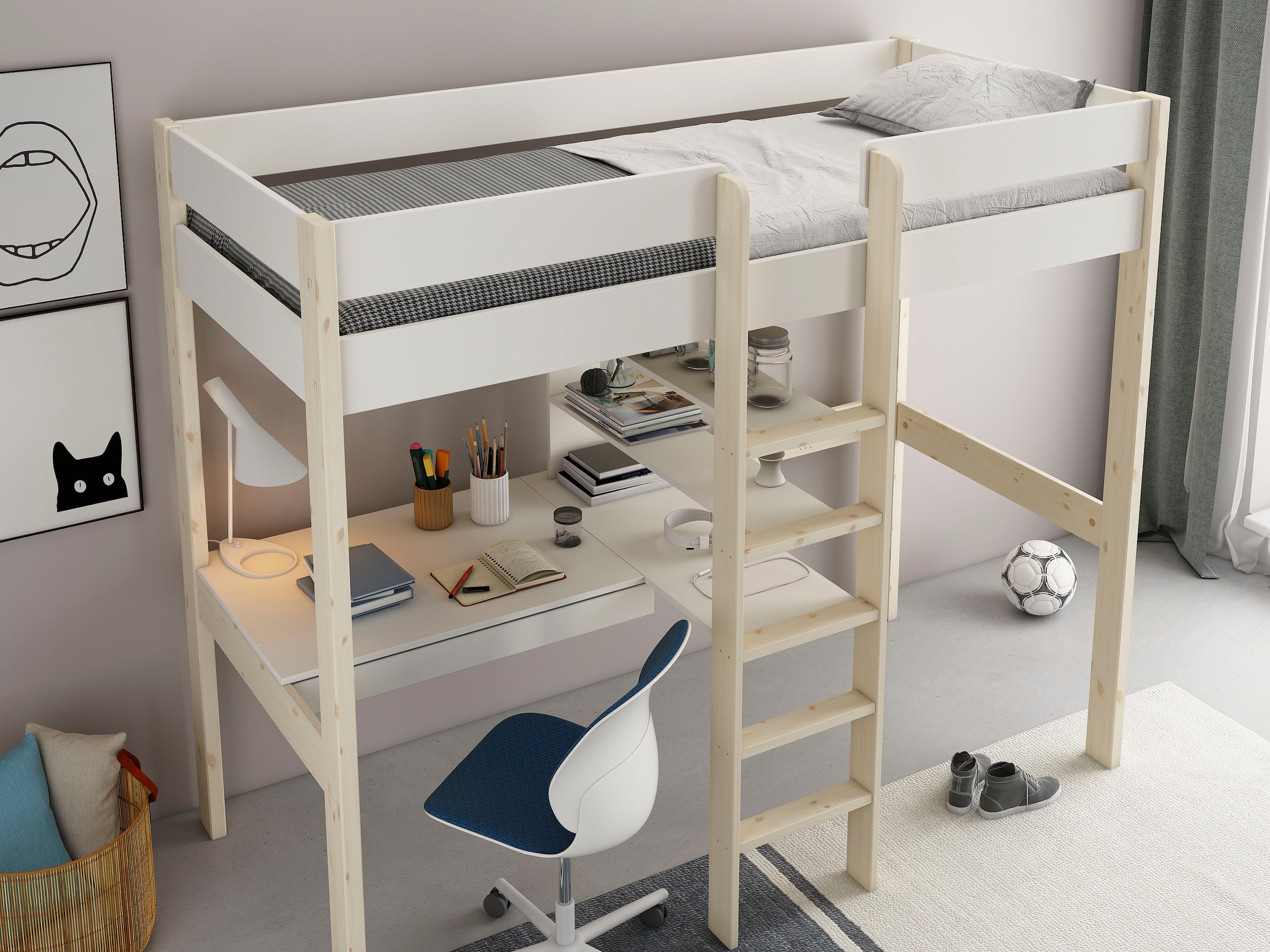 Lüttenhütt Hochbett »Stockbett, Kinderbett, "ROBIN " FSC® zertifiziertes Massivholz«, mit Schreibtisch und Regalen