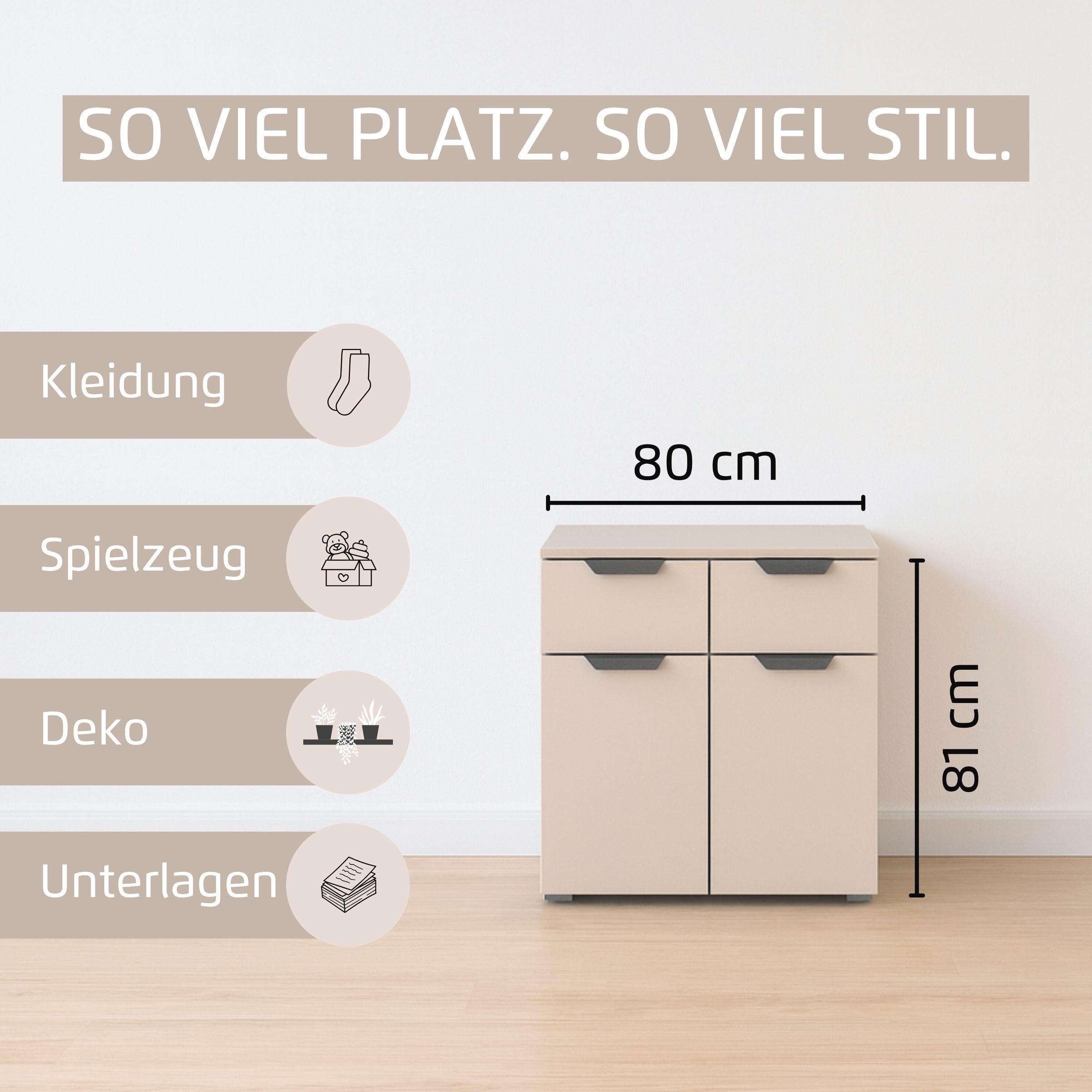 rauch Kombikommode »Sideboard Schubladenkommode COSTA mit farblich passenden Metallgriffen« in 2 Griff-Farben, Breite 80 cm,  mit 2 Schubladen und 1 verstellbaren Einlegeboden MADE IN GERMANY