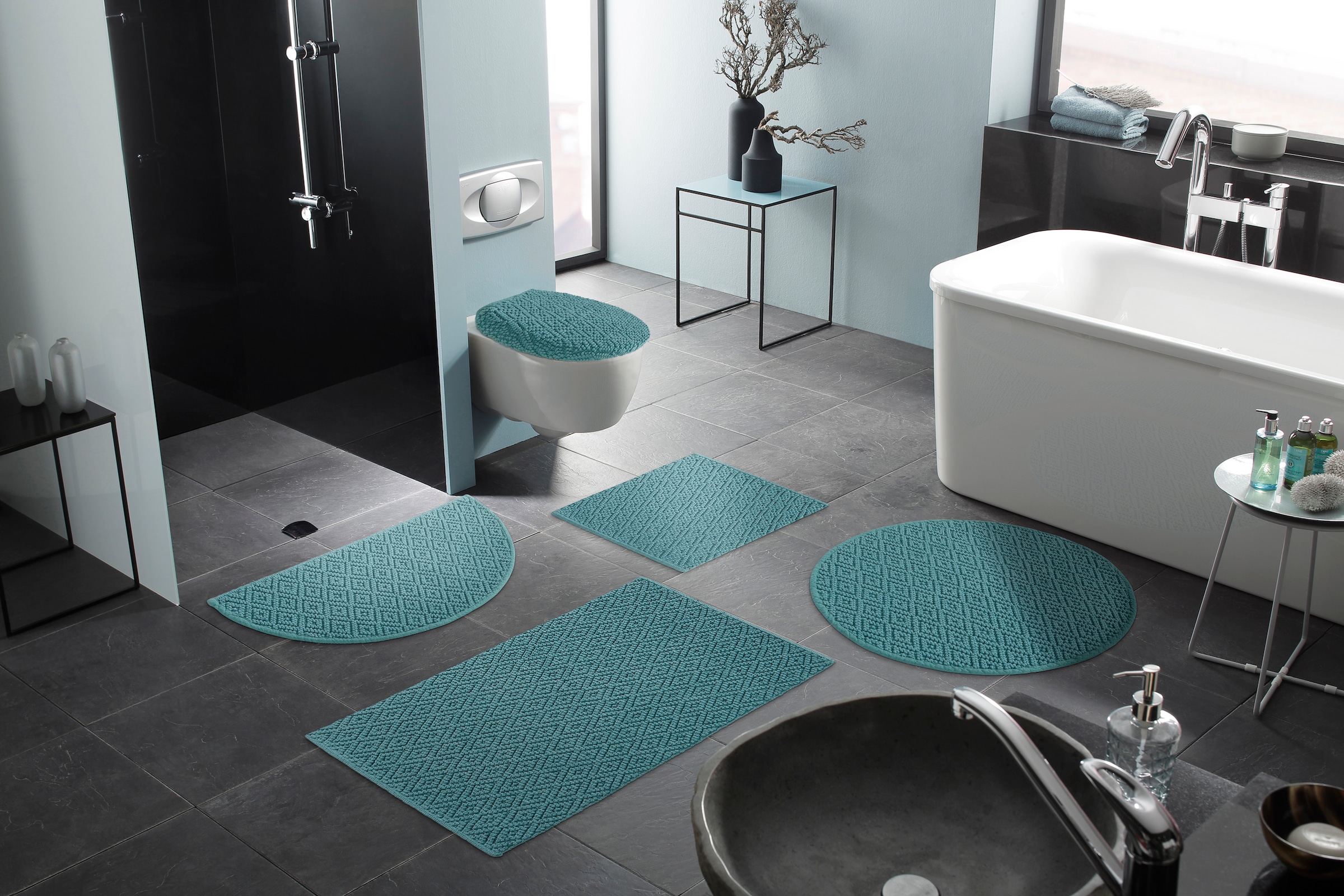 my home Badematte »Numan, Badvorleger, Badezimmer Teppich«, strapazierfähig-fußbodenheizungsgeeignet, Rauten-Muster, Badteppich, auch als 3 teiliges Set erhältlich