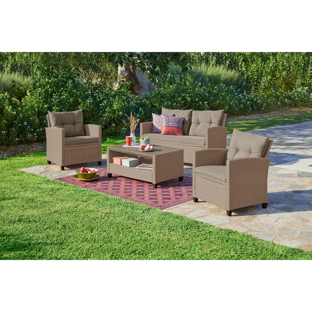 KONIFERA Gartenlounge-Set »Lorca«, (Set, 16 tlg., 2x Sessel, 1x2er Sofa, 1x Tisch 90x55x42,5cm, inkl. Auflagen, Stahl), Polyrattan, Ablagefläche unter dem Tisch, Tischplatte aus Nonwood