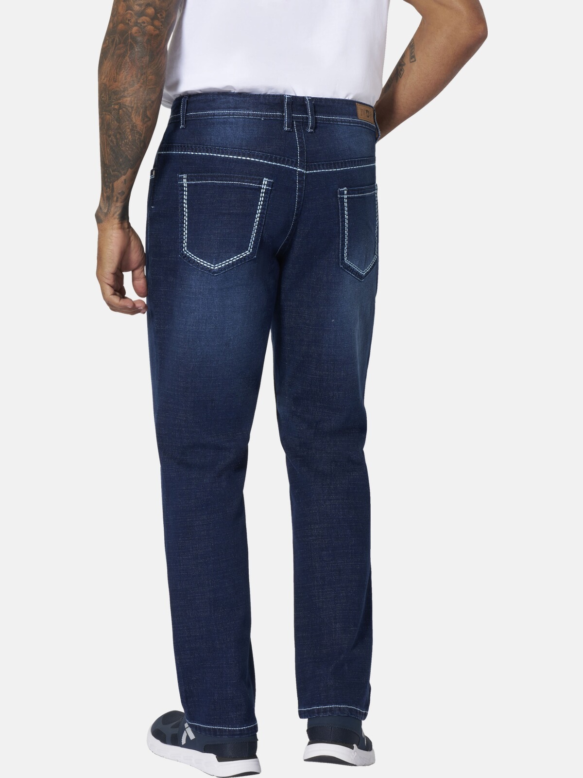 5-Pocket-Jeans JAN VANDERSTORM "Tiefbundjeans MORTEN", Herren, Gr. 58, N-Gr, blau (dunkelblau), Obermaterial: 61% Baumwolle CO. 37% Polyester COOLMAX PES(Coolmax). 2% Elasthan EL., Hosen 5-Pocket-Jeans 2