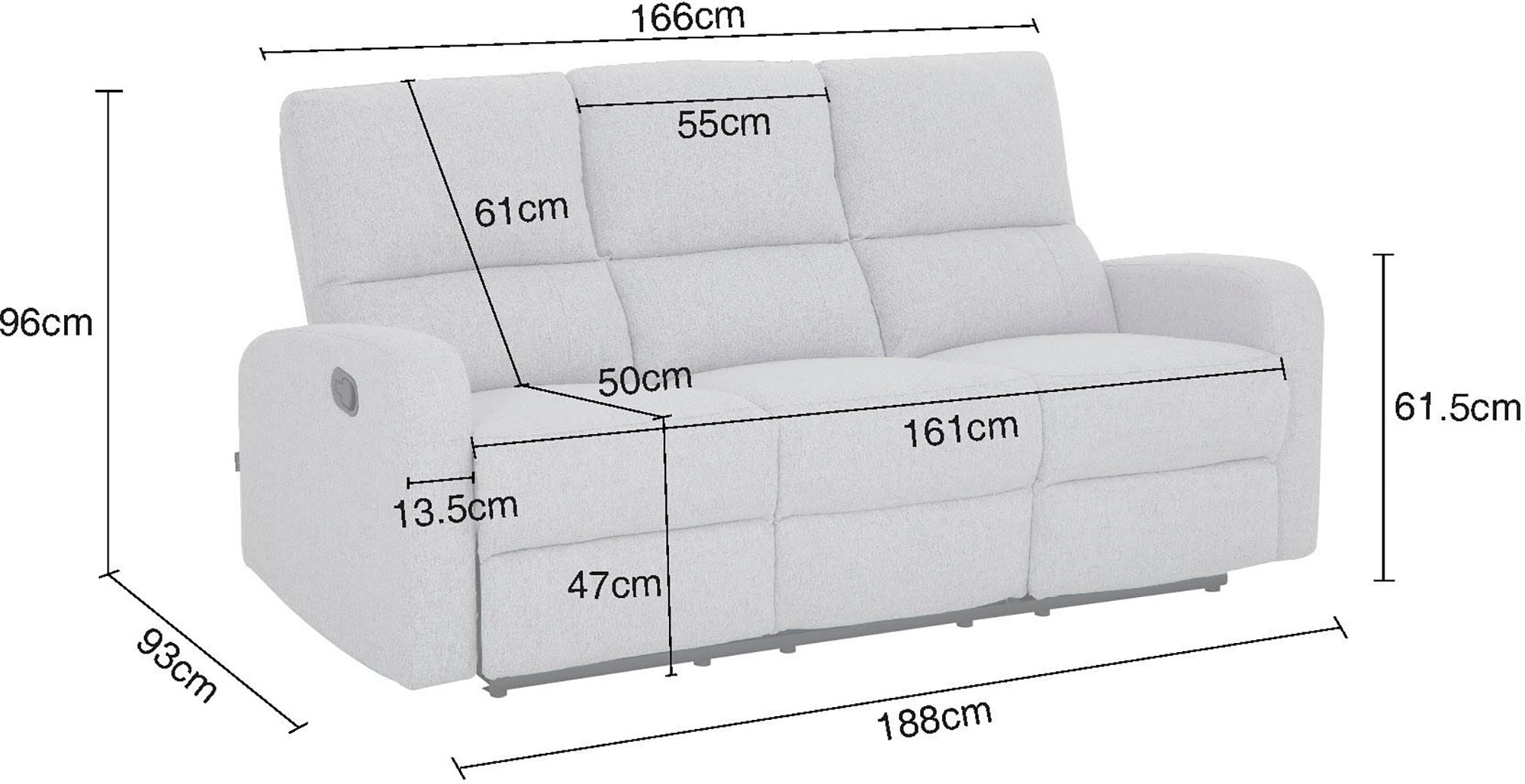 Home affaire 3-Sitzer »TOURNAY manuelle Relaxfunktion, Liegefunktion (105°-135°), Webstoff«, Reclinerfunktion in 2 Sitzen (links u. rechts)