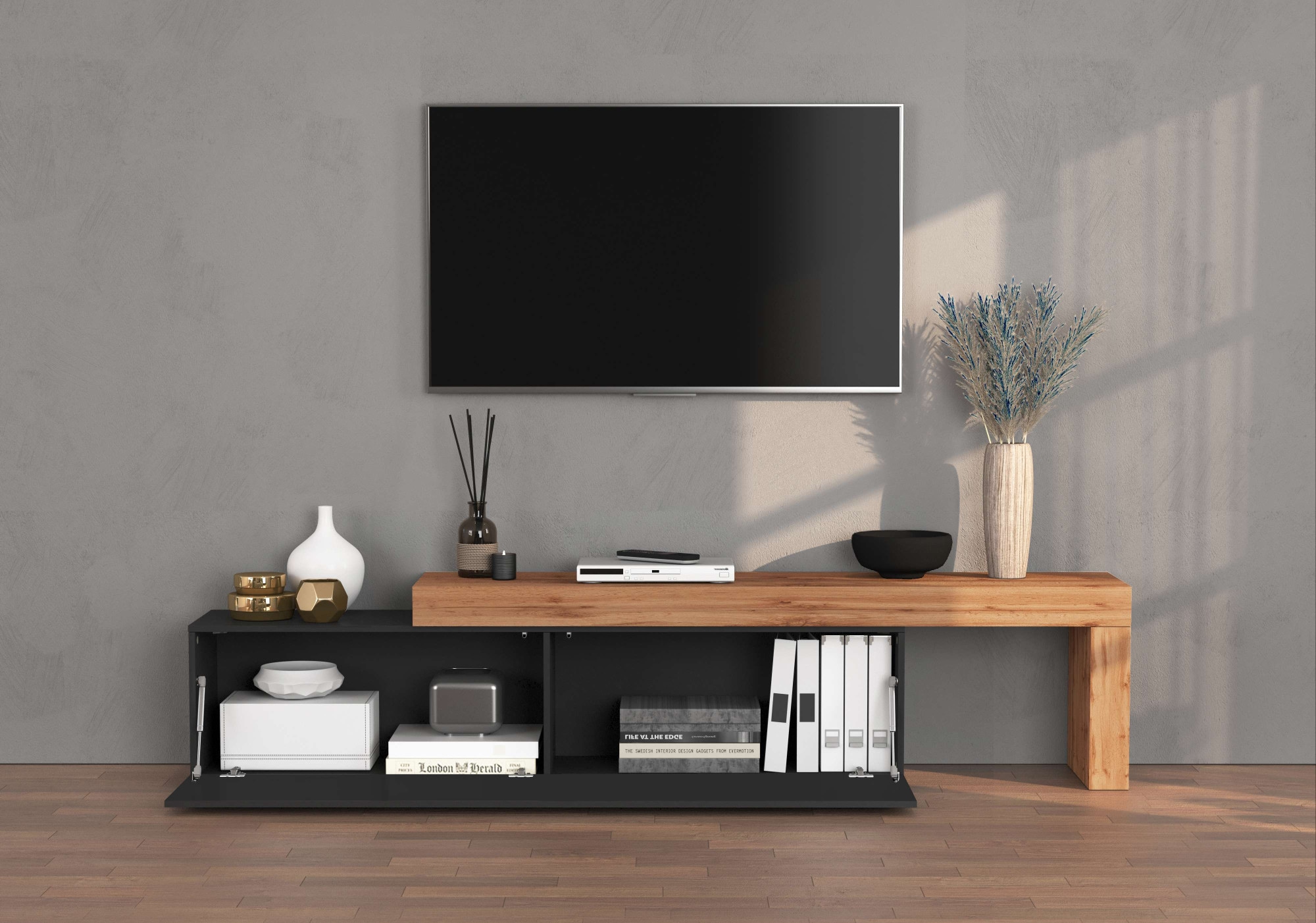 INOSIGN TV-Board »Chronos TV-Board, Lowboard«, (1 St., Breite verstellbar von 190 bis 350 cm), Breite 270 cm TV-Board,Lowboard,1 Klappe und ein L-Förmiger Aufsatz