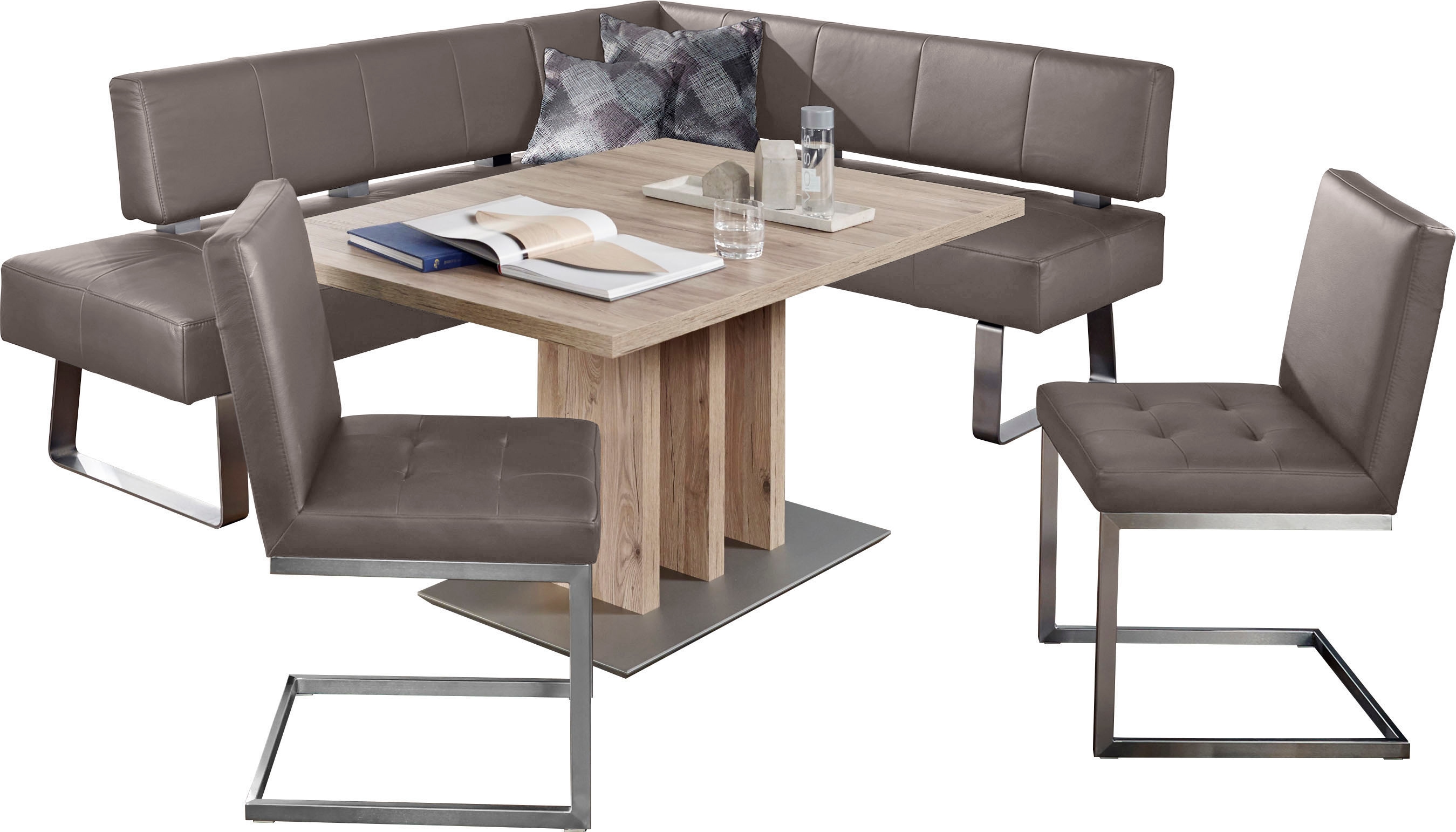 Eckbankgruppe, H:88cm T:67cm, braun, K+W KOMFORT & WOHNEN, Esszimmer, Sitzmöbel-Sets, "Spider II", langer Schenkel 227cm, 2 Freischwinger,