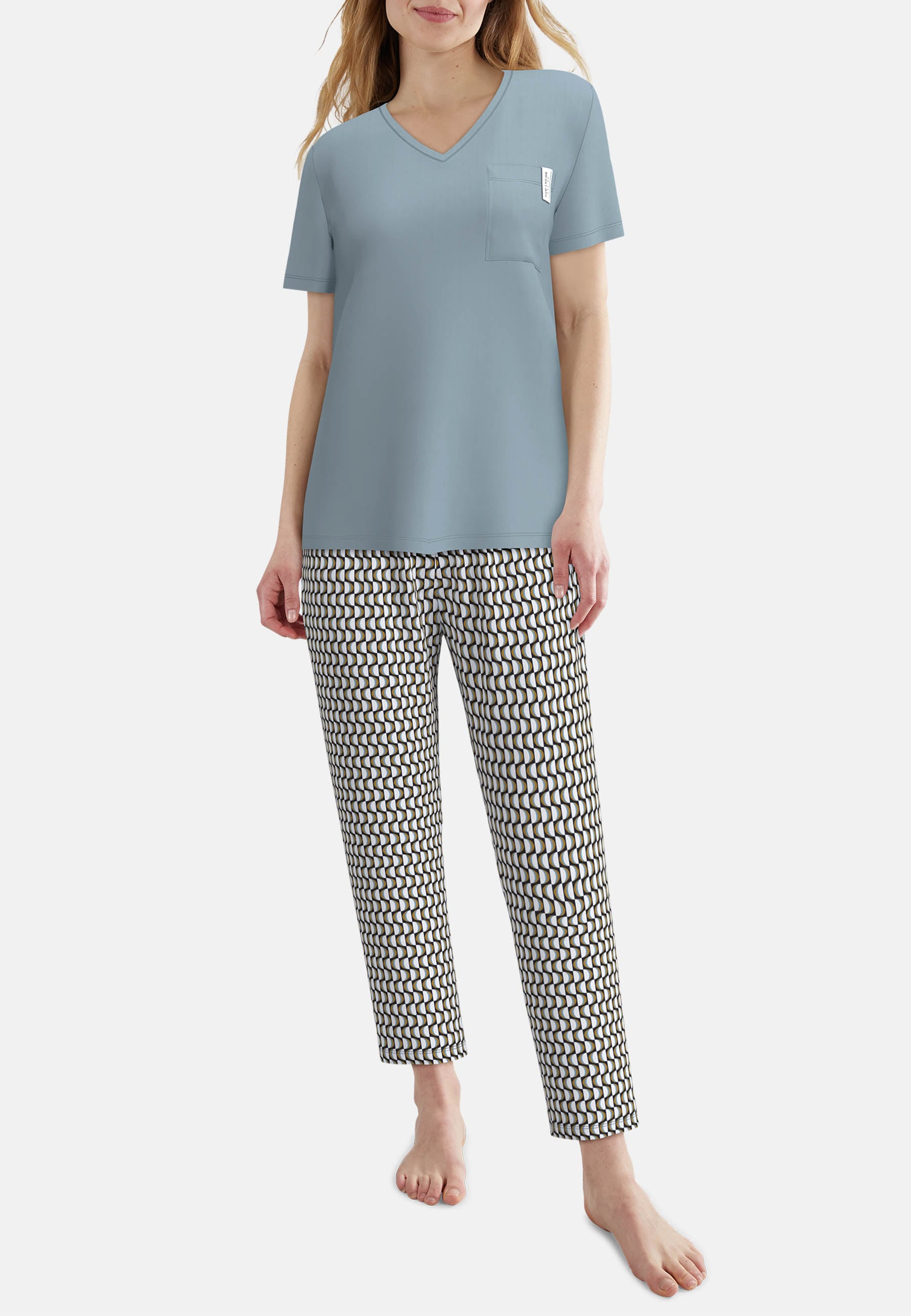 TOM TAILOR Pyjama Kurzarm, V-Ausschnitt, mit Brusttasche, Baumwollmix