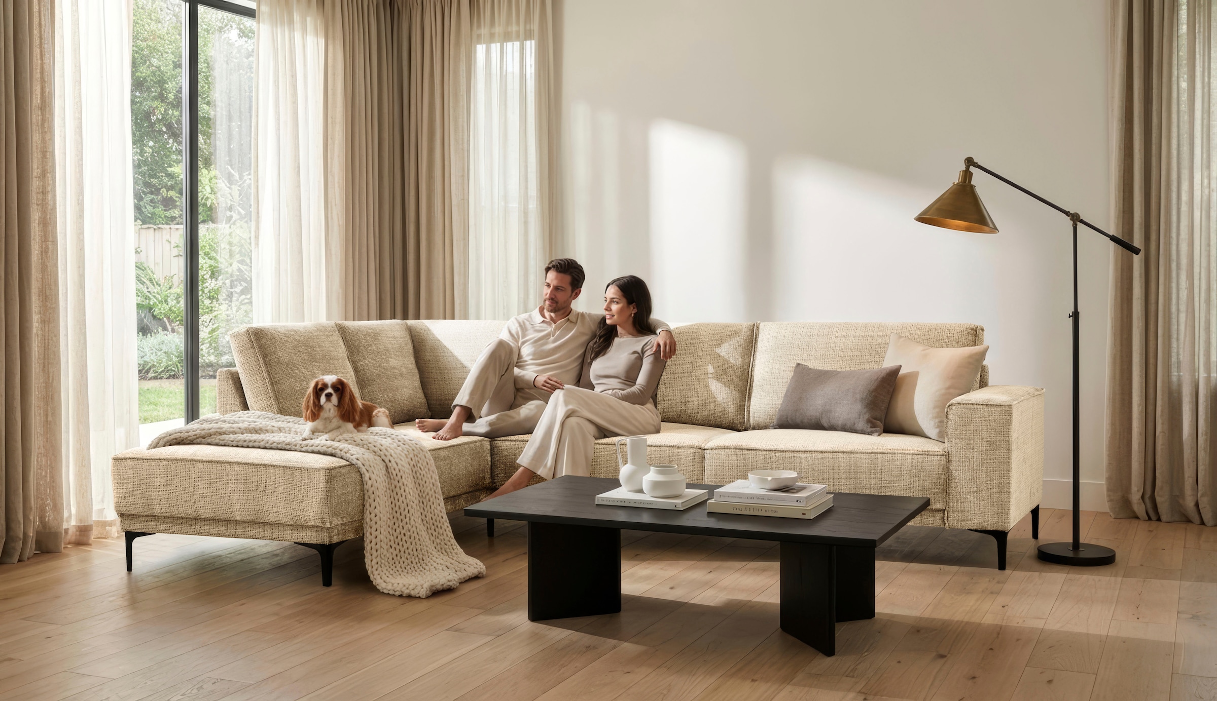 OTTO home Ecksofa "OLAND Chenille L-Form, B: 289 cm, Skandi-Design" Struktur, Flachgewebe, Luxus-Microfaser, Boucle