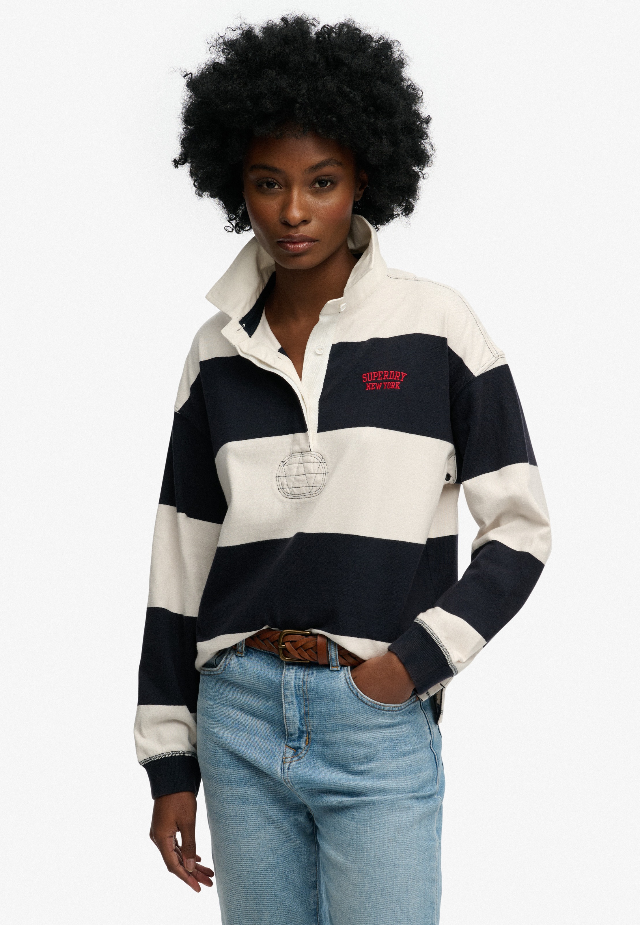 Superdry Langarm-Poloshirt "Heritage Stripe Rugby Top" Oversize-Passform, Aus Baumwolle Und Single Jersey, Mit Polokragen