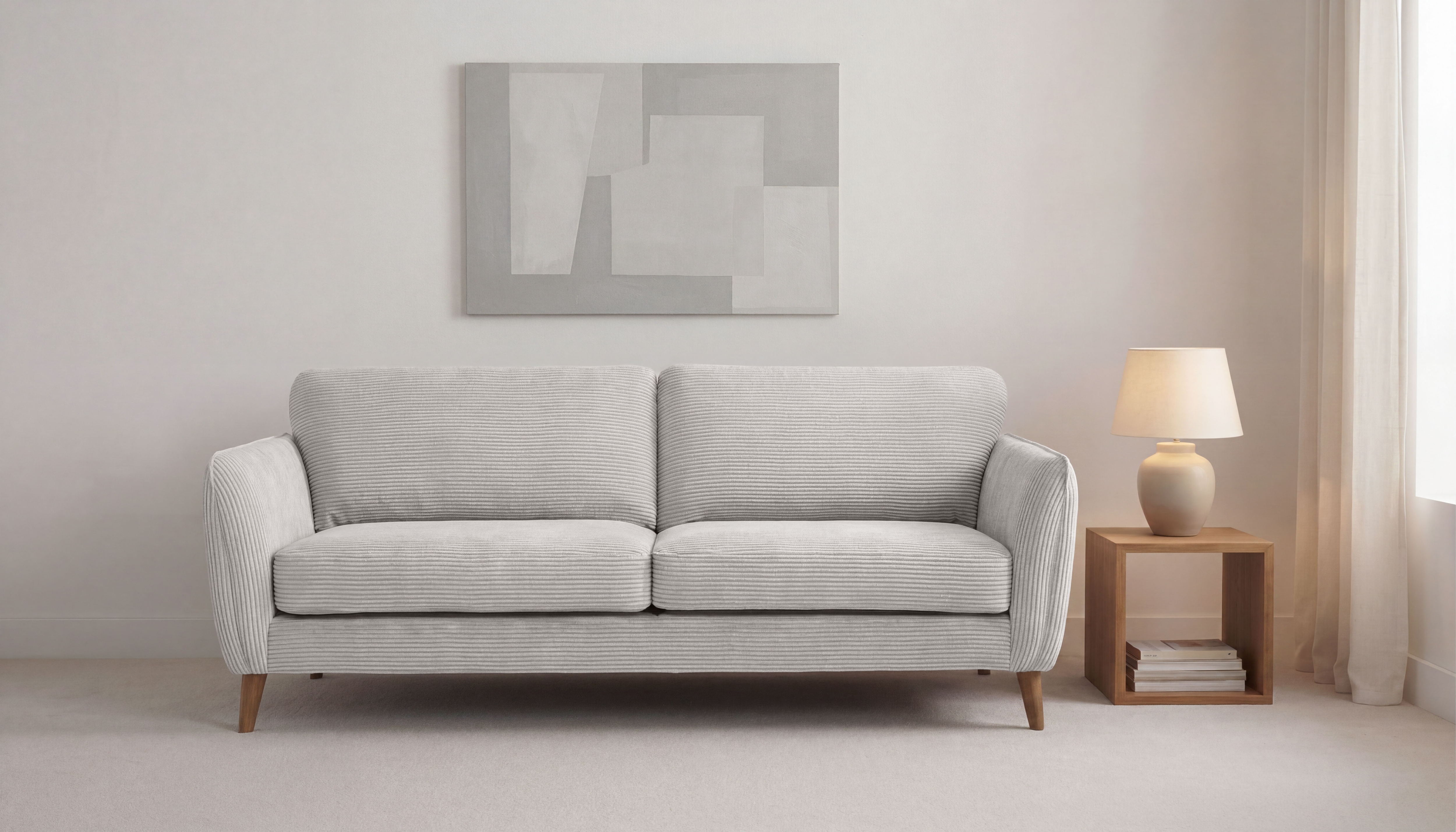 OTTO home 3-Sitzer "MARSEILLE 3er Sofa 206 cm, Cord, Flachgewebe, Struktur, Webstoff" Massivholzbeine Eiche, Landhausstil, Wellenunterfederung