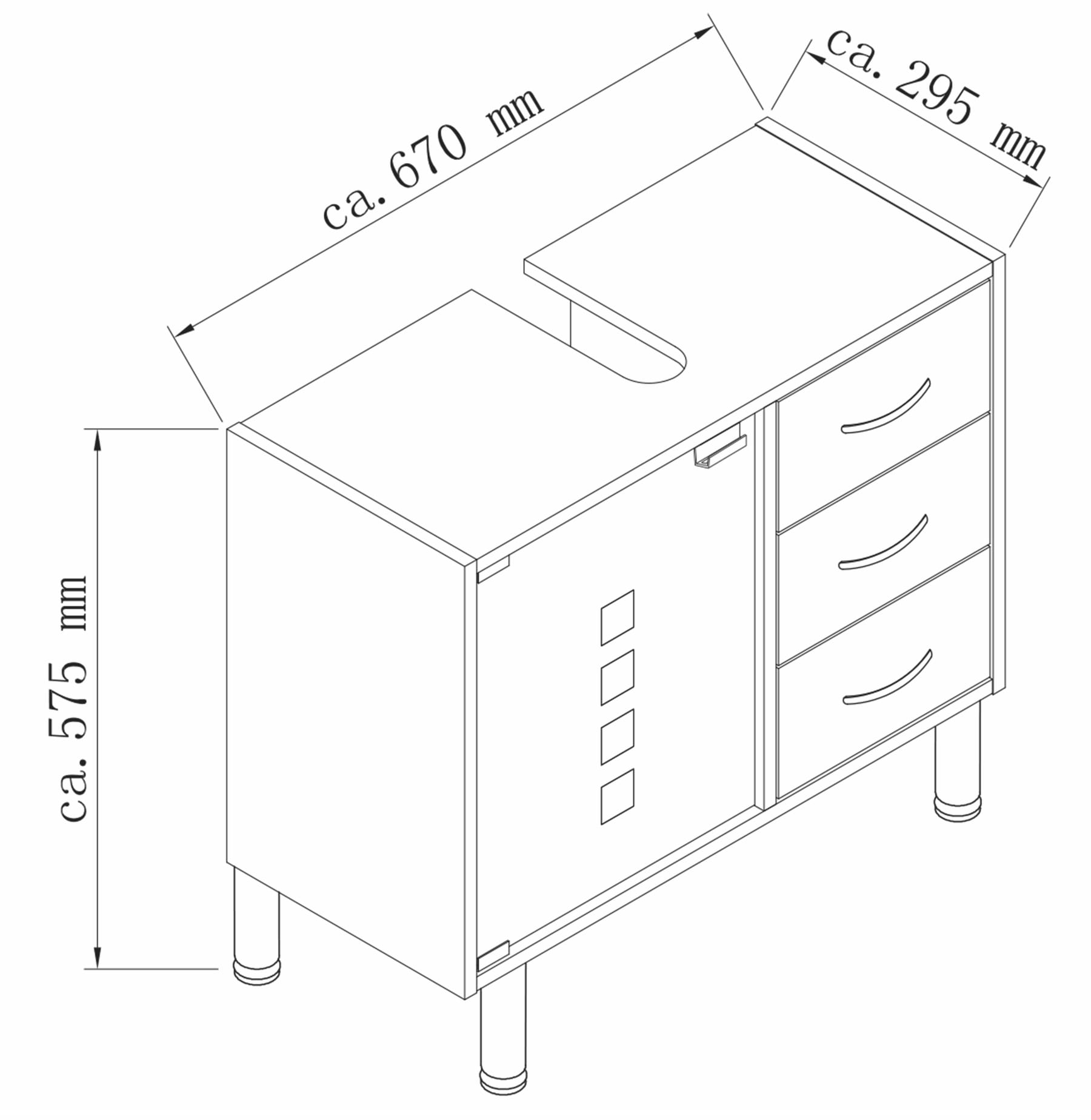 VCM Waschbeckenunterschrank »VCM Holz Waschbeckenunterschrank | Badschrank | Maße: H. 58 x B. 67 x T. 30 cm | 1 ESG-Sicherheitsglastür | 3 Schubladen | modernes Badezimmermöbel - Darola«, (1 St.)
