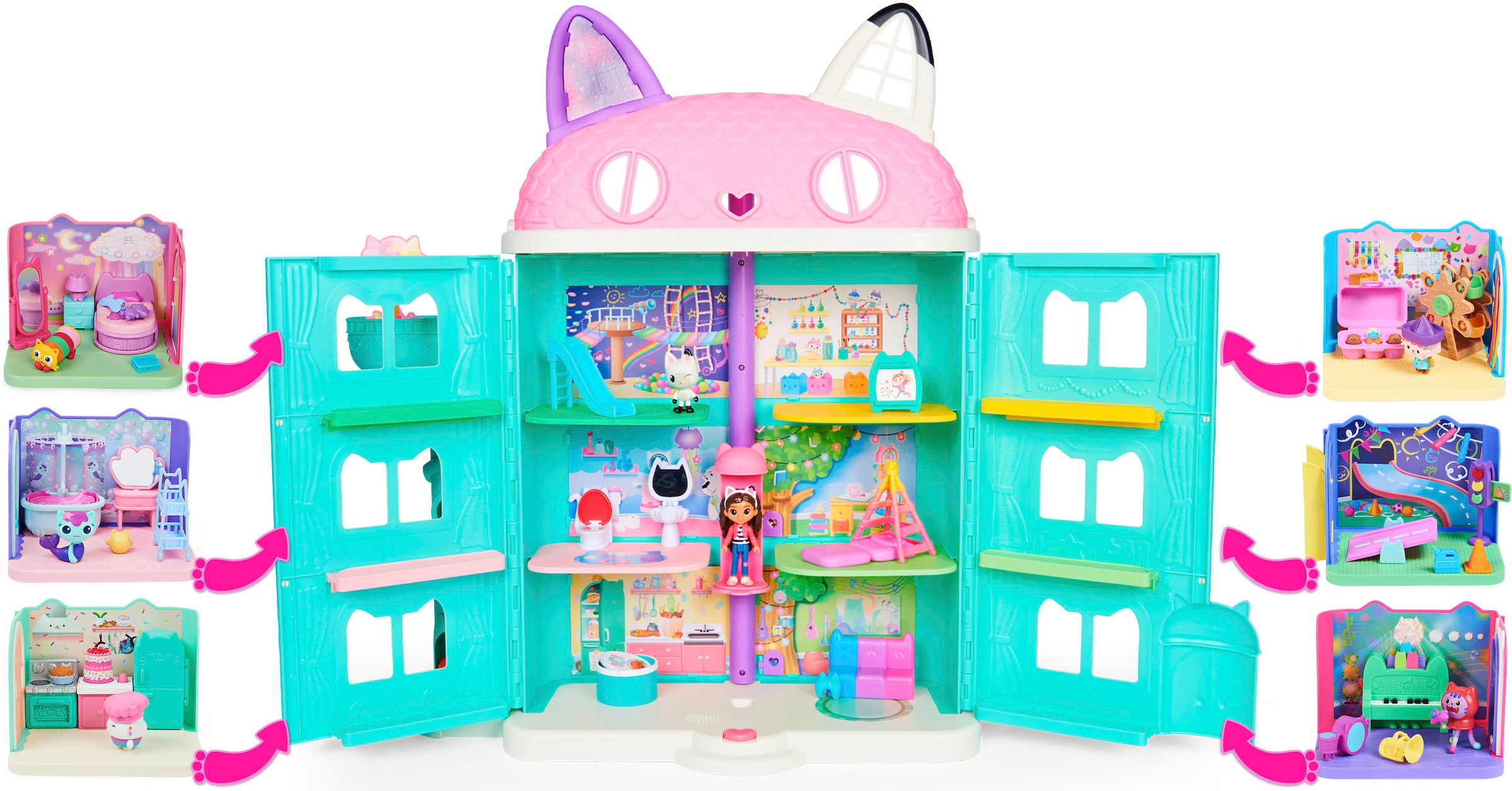Spin Master Spielwelt »Gabby's Dollhouse – Deluxe Room – Carlita's Spielzimmer«, Spielzimmer mit Carlita Auto, Möbelstücken und thematischem Zubehör