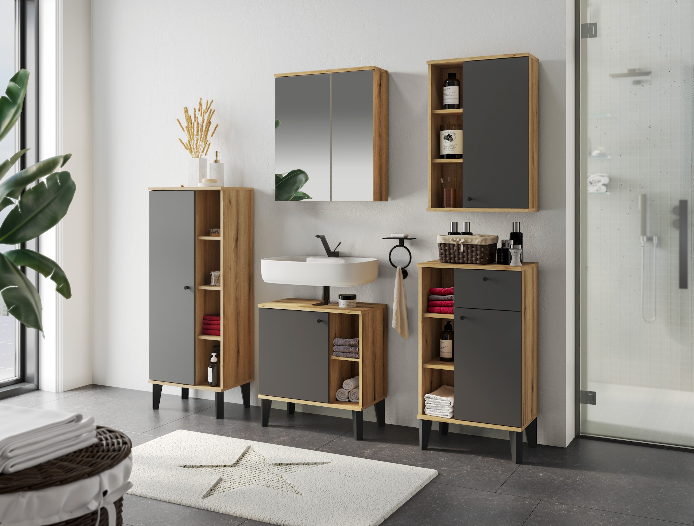 INOSIGN Badmöbel-Set »OSLO, Bad im skandinavischen Design, 5-teiliges Badezimmer«, (Set, 5 St.), Badschränke und Spiegel, in zwei Farben verfügbar, viel Stauraum