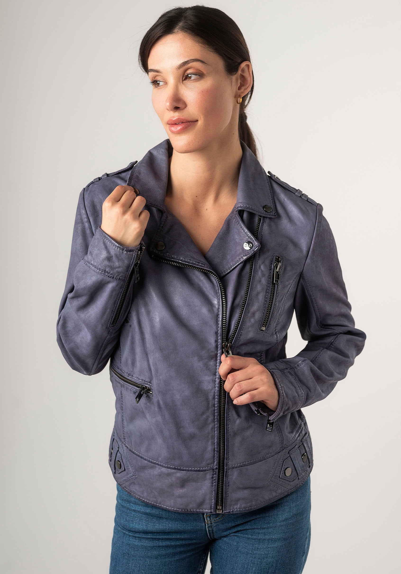 Mauritius Lederjacke »2Wtashi«, mit Schulterklappen, mit Nieten, mit Zipper-Taschen