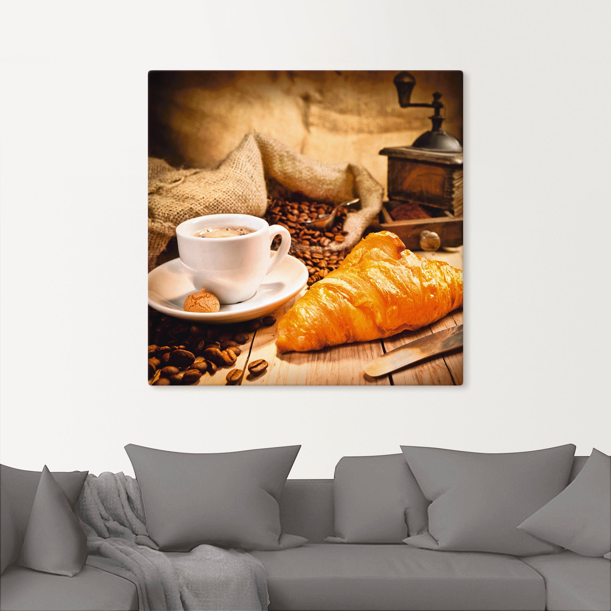 Artland Wandbild "Kaffeetasse mit Croissant" Getränke 1 Stk. tlg. als Leinw günstig online kaufen