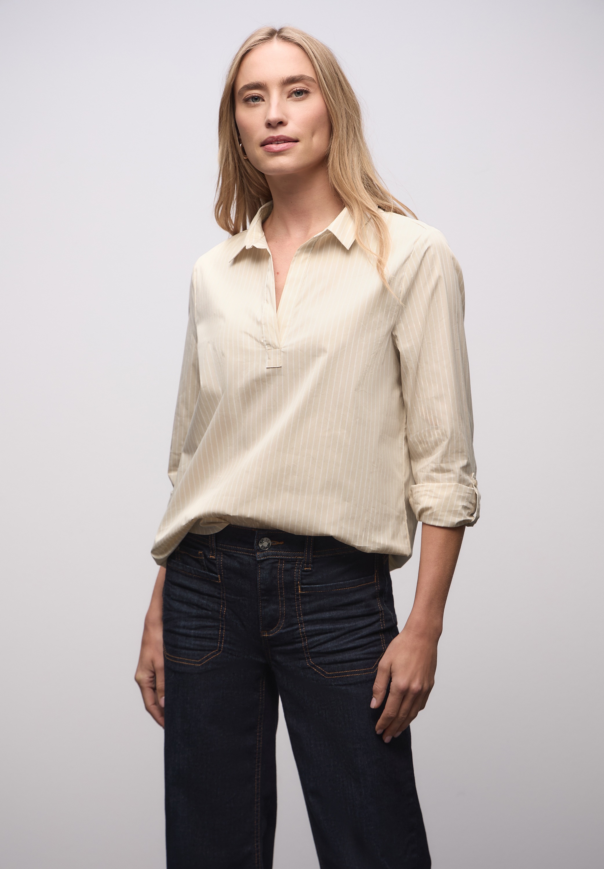 Langarmbluse STREET ONE, Damen, Gr. 36, cotton beige, Web, 79% Baumwolle, 19% Polyamid, 2% Elasthan, gestreift, regular fit lang, V-Ausschnitt, Bündchen, Blusen, mit Turn-Up Funktion 2